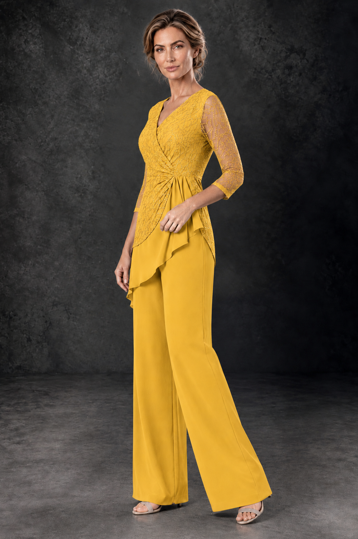 BOLODOO Mustard Yellow Sequin Lace 3/4 Sleeve Chiffon Mother of the Bride Pant Suit - Mustard Yellow - Mustard_Yellow_2