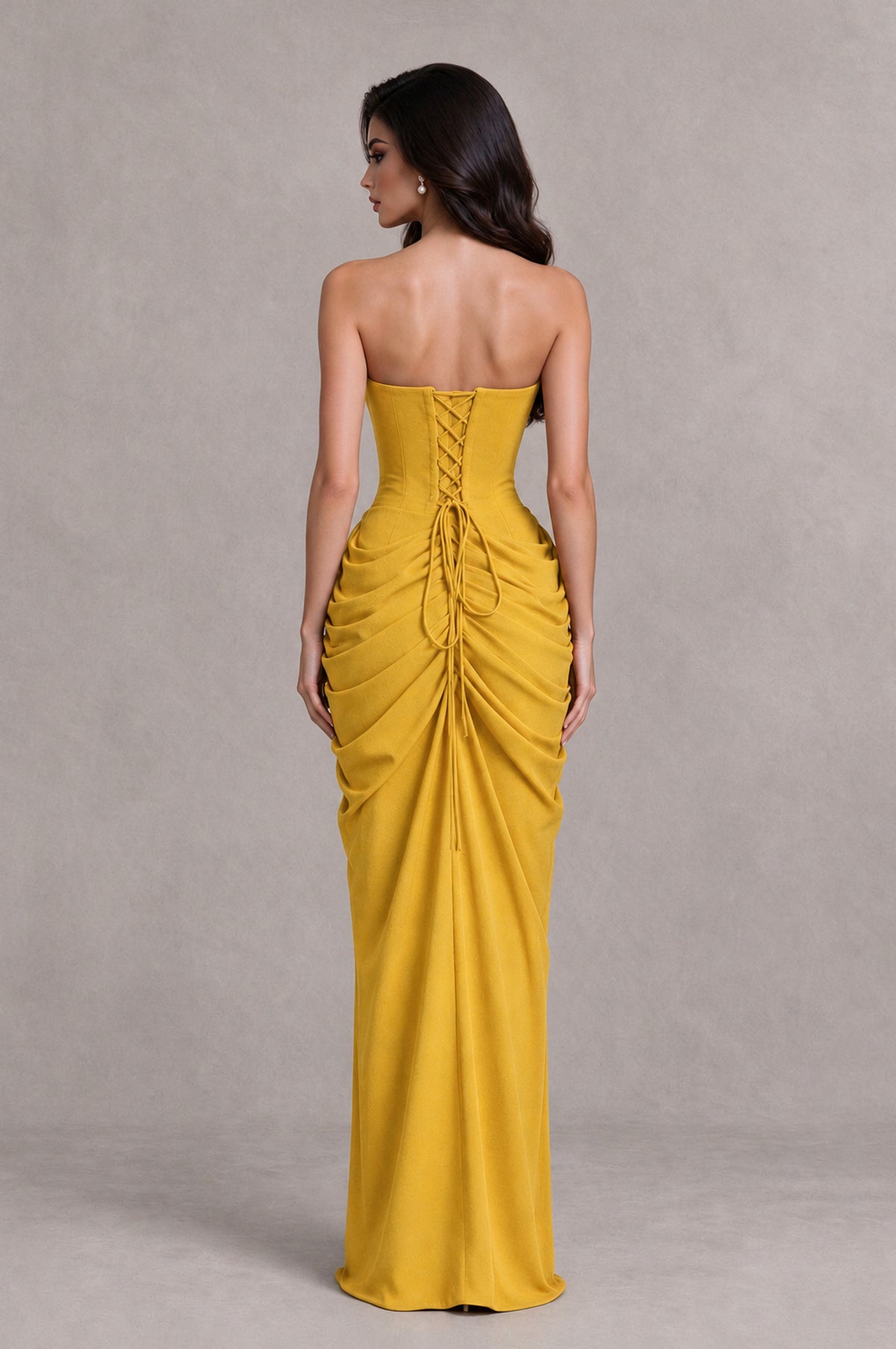 BOLODOO Mustard Yellow Strapless Ruched Corset Evening Gown - Mustard Yellow - Mustard Yellow_2