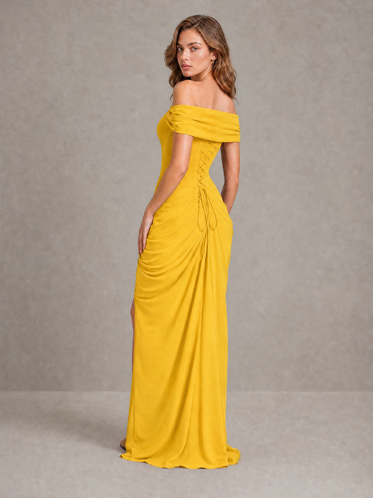 BOLODOO Mustard Yellow Off-Shoulder Ruched Corset Wedding Guest Dress with Slit - Mustard Yellow - Mustard_Yellow_2