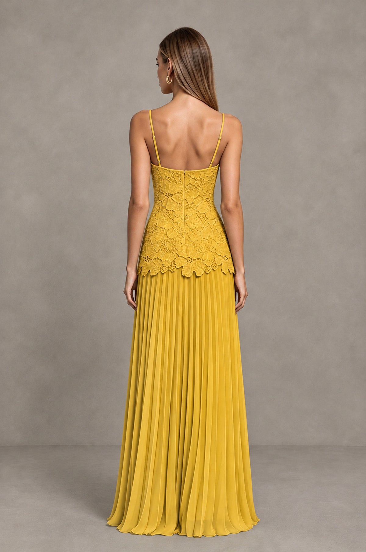 BOLODOO Mustard Yellow Lace Bodice Pleated Wedding Guest Dress - Mustard Yellow - Mustard Yellow_2