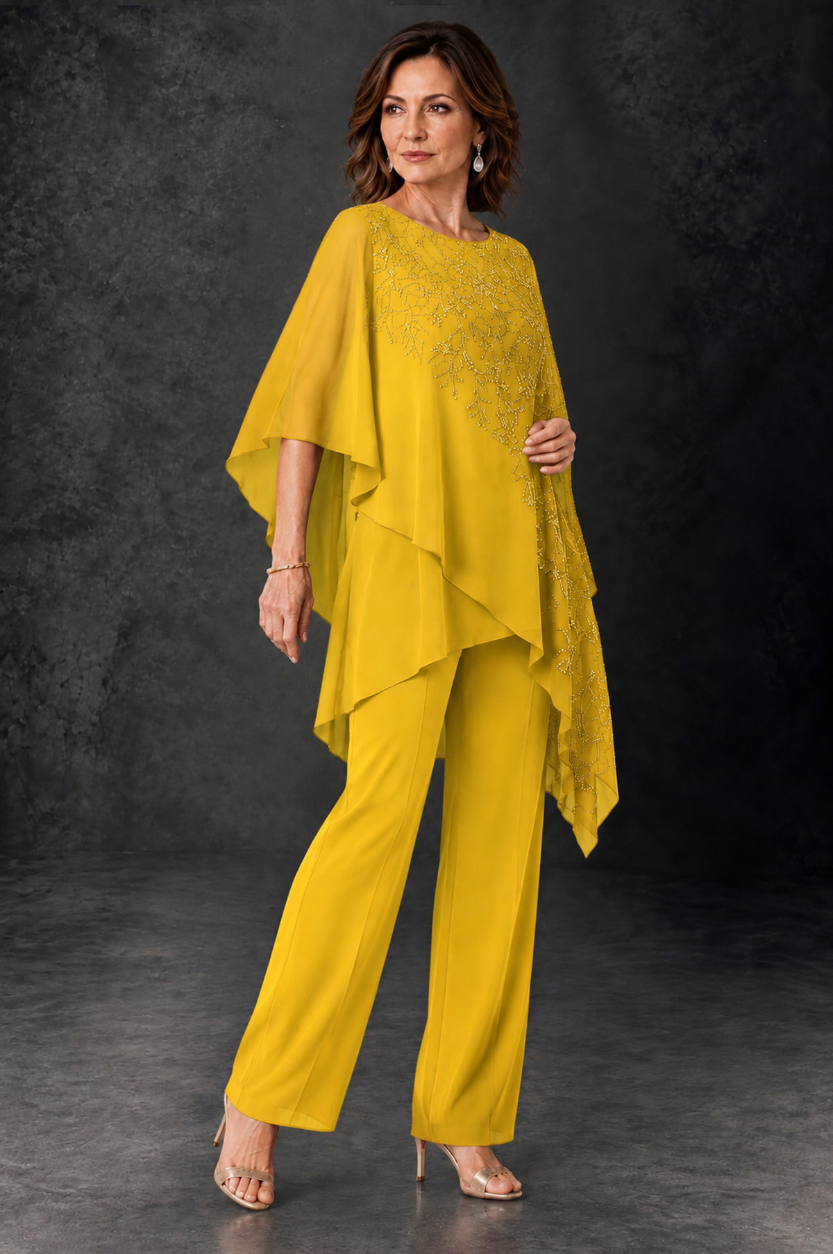 BOLODOO Mustard Yellow Embellished Cape Pant Suit for Mother of the Bride - Mustard Yellow - Mustard_Yellow_2