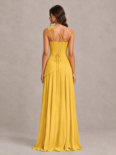 BOLODOO Mustard Yellow One-Shoulder Lace-Up Back Bridesmaid Dress - Mustard Yellow - Mustard Yellow_2