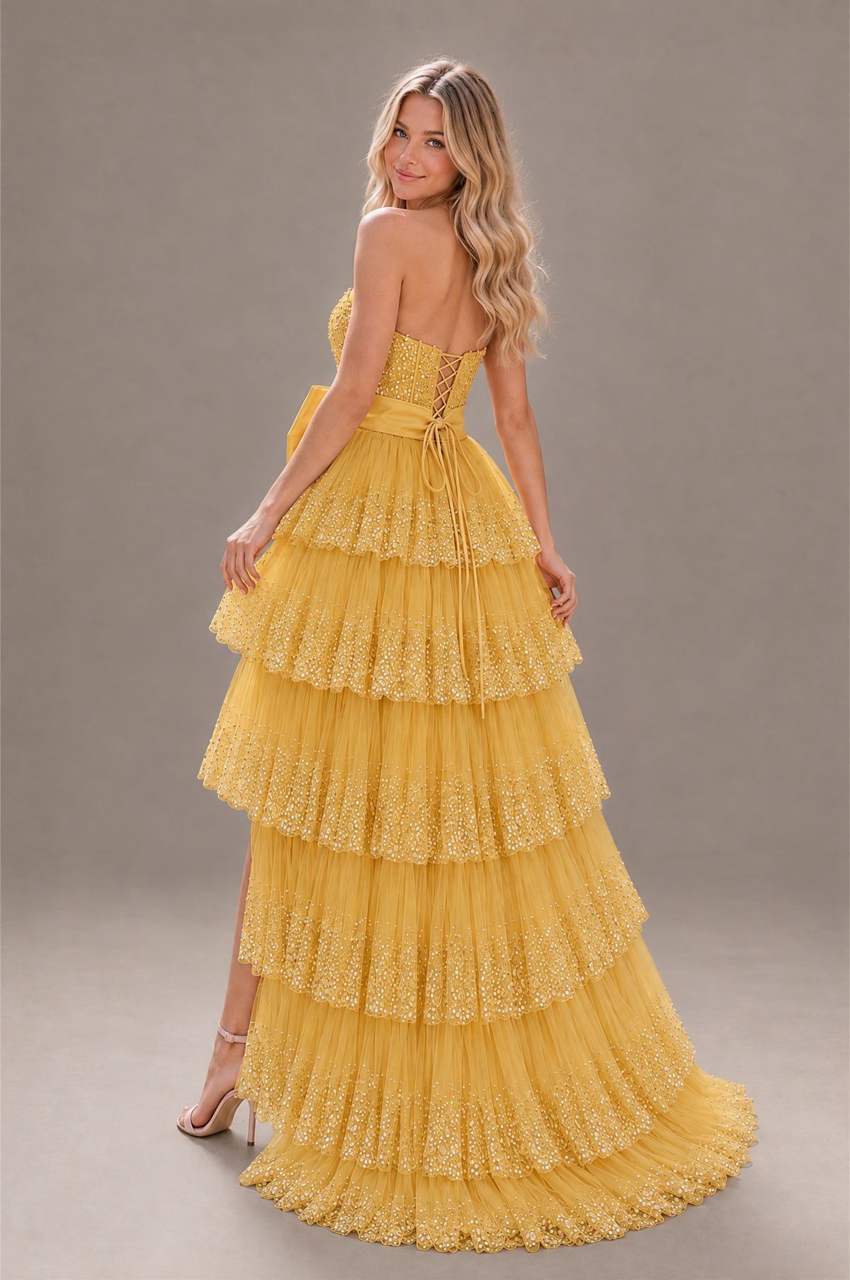 BOLODOO Mustard Yellow Strapless Tiered Tulle Prom Dress with Bow - Mustard Yellow - Mustard_Yellow_2