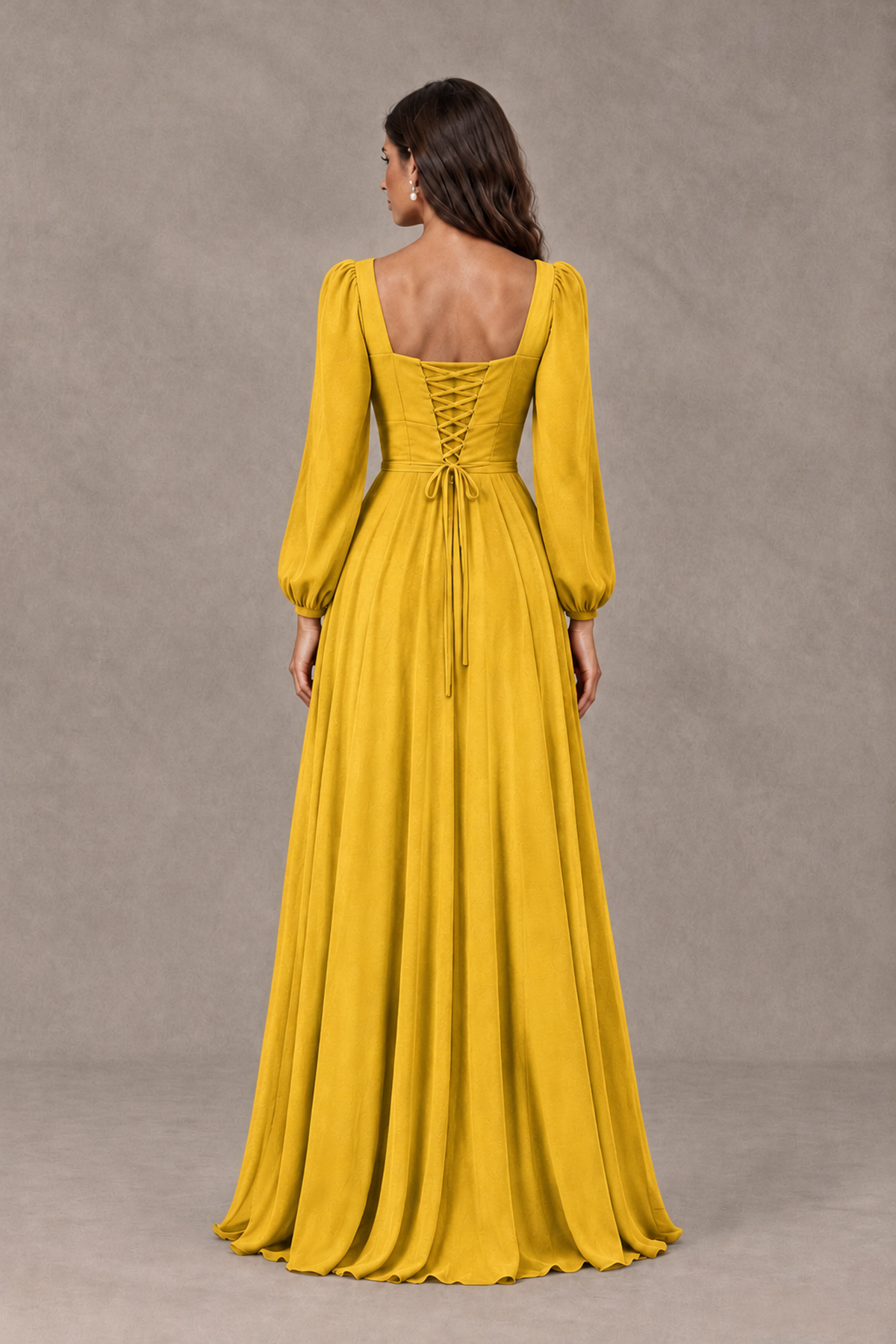 BOLODOO Mustard Yellow Square Neck Long Sleeve A-Line Bridesmaid Dress - Mustard Yellow - Mustard Yellow_2