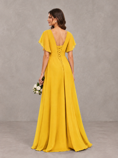 BOLODOO Mustard Yellow Flutter Sleeve V-Neck Bridesmaid Dress with Ruffle Slit - Mustard Yellow - Mustard Yellow_2