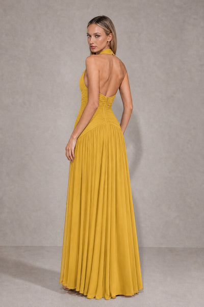 BOLODOO Mustard Yellow Chiffon Halter Deep V-Neck Ruched A-Line Backless Maxi Dress with Train-BD0167 - Mustard Yellow - Mustard Yellow_2