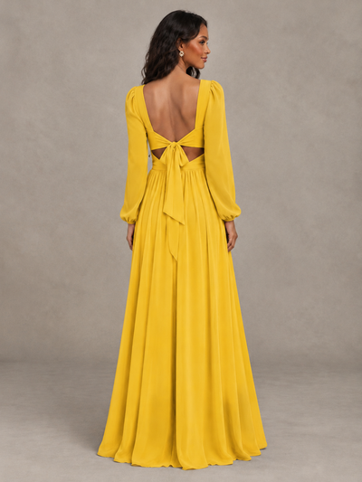 BOLODOO Mustard Yellow V-Neck Long Sleeve Bridesmaid Dress with Tie Back and Slit - Mustard Yellow - Mustard Yellow_2