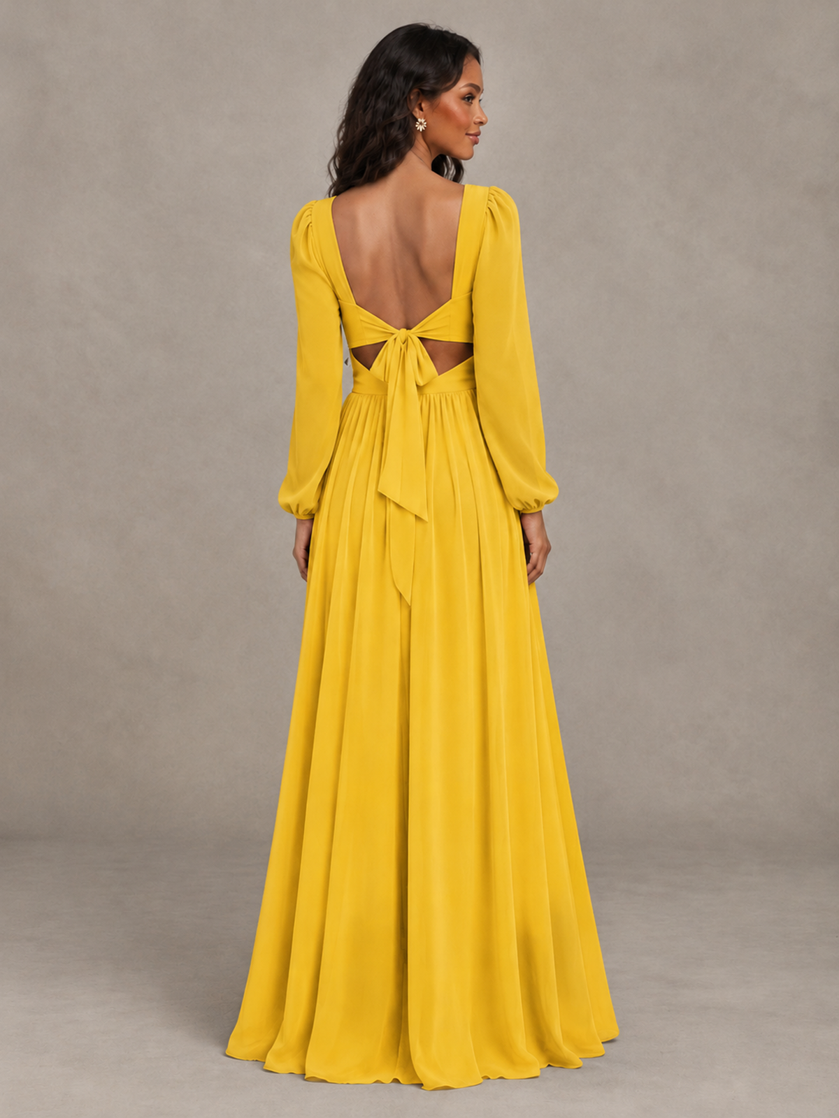 BOLODOO Mustard Yellow V-Neck Long Sleeve Bridesmaid Dress with Tie Back and Slit - Mustard Yellow - Mustard Yellow_2