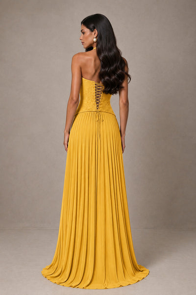 BOLODOO Mustard Yellow Halter Corset Pleated A-Line Evening Dress - Mustard Yellow - Mustard Yellow_2