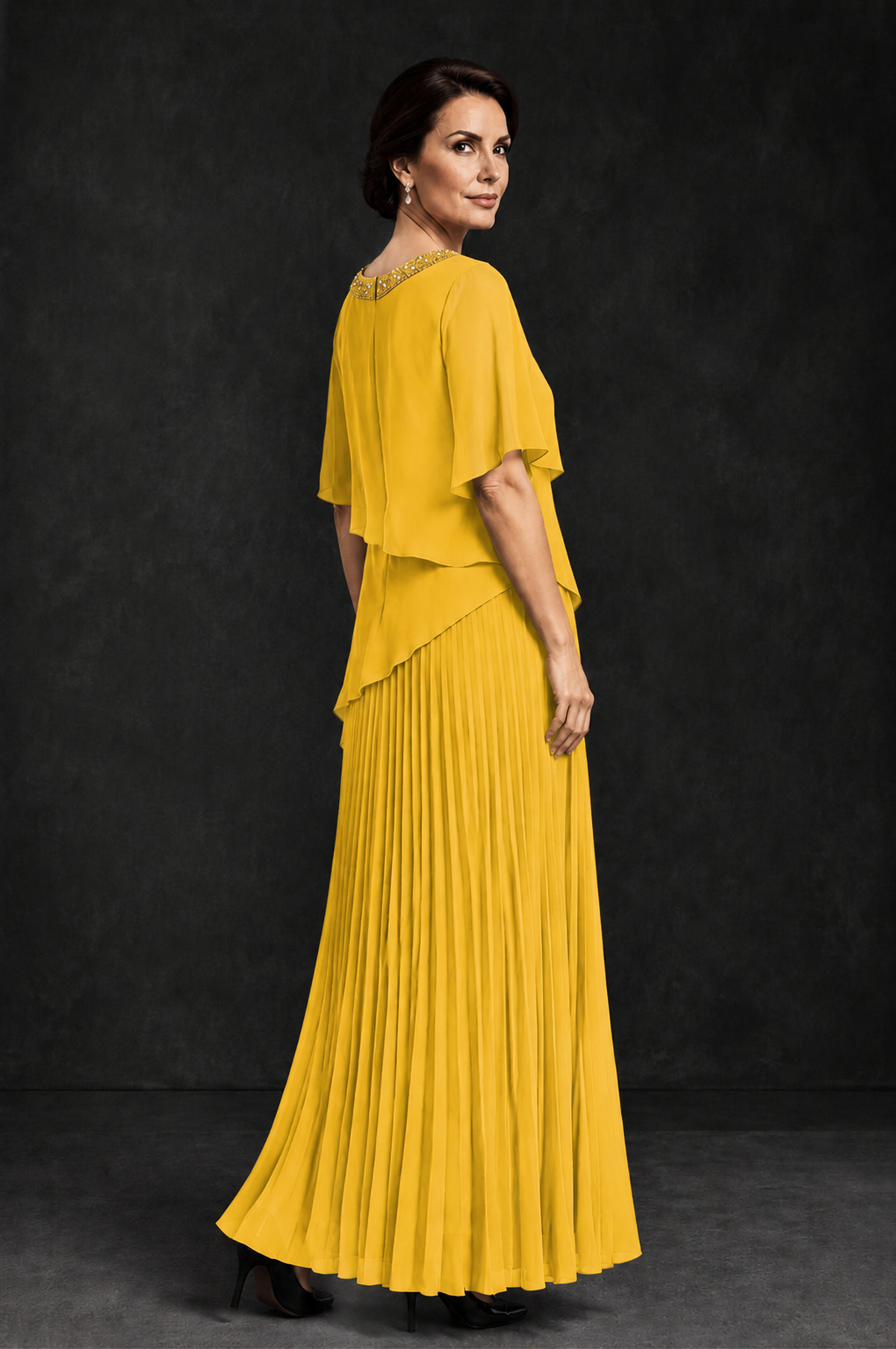 BOLODOO Mustard Yellow Pearl Beaded Neck Asymmetric Tiered Flutter Sleeve Pleated Chiffon Maxi Dress - Mustard Yellow - Mustard_Yellow_2