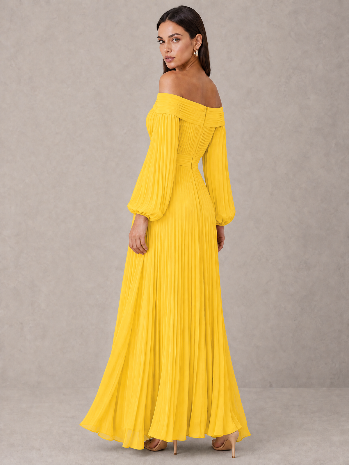 BOLODOO Mustard Yellow Off-Shoulder Long Sleeve Pleated High-Low Dress - Mustard Yellow - Mustard_Yellow_2