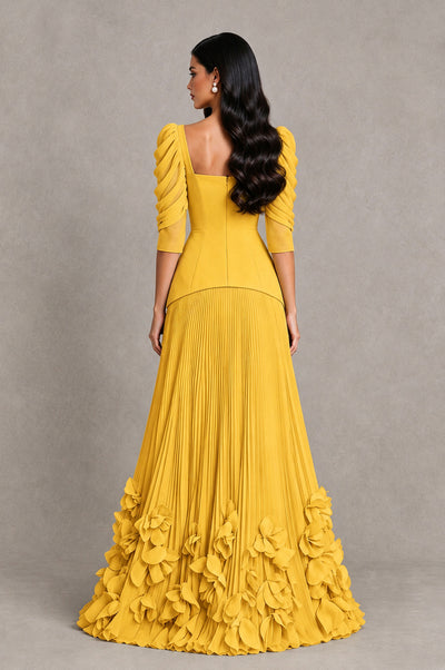 BOLODOO Mustard Yellow Square Neck Pleated Floral Applique Evening Dress - Mustard Yellow - Mustard Yellow_2