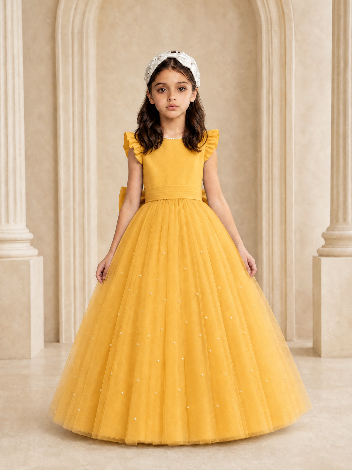 BOLODOO Mustard Yellow Tulle Flower Girl Dress with Ruffle Sleeves & Bow Back - Mustard Yellow - Mustard_Yellow_2