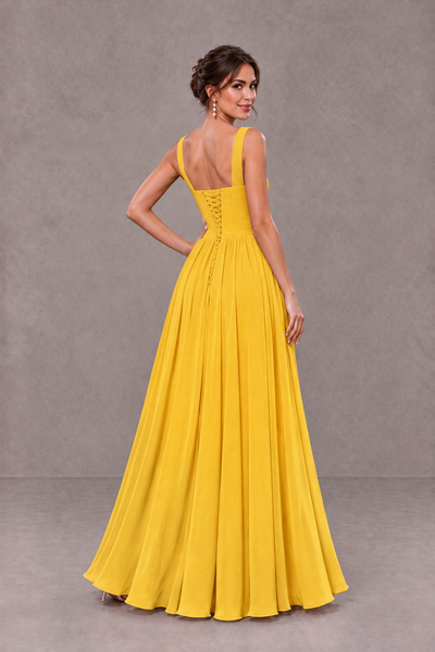 BOLODOO Mustard Yellow Square Neck A-Line Bridesmaid Dress with Slit - Mustard Yellow - Mustard Yellow_2