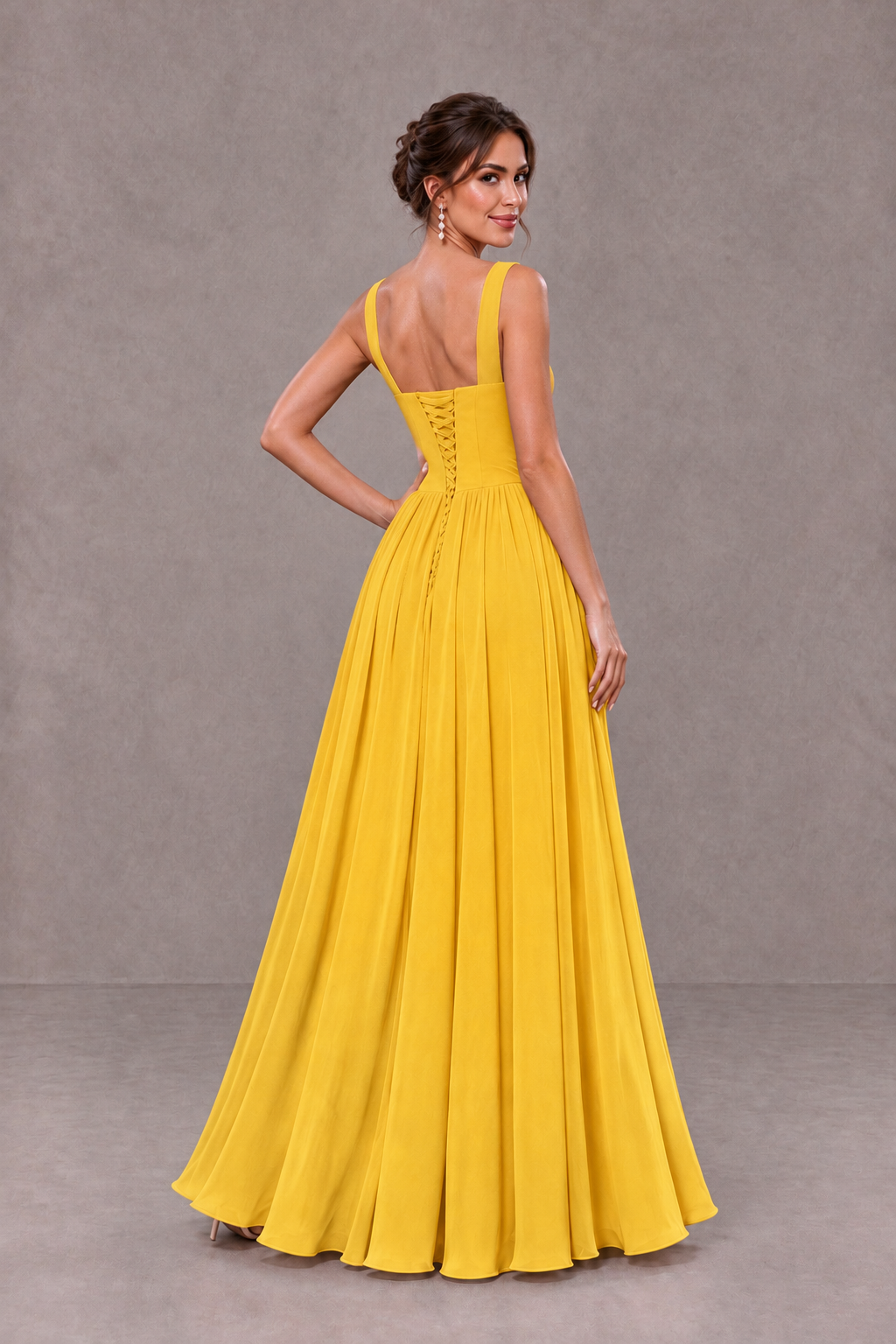 BOLODOO Mustard Yellow Square Neck A-Line Bridesmaid Dress with Slit - Mustard Yellow - Mustard Yellow_2