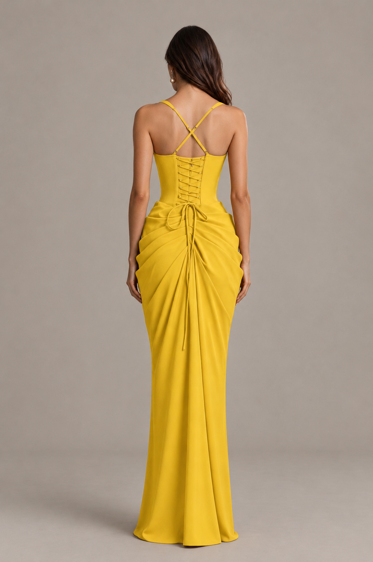 BOLODOO Mustard Yellow Sweetheart Ruched Lace-Up Back Evening Gown - Mustard Yellow - Mustard_Yellow_2