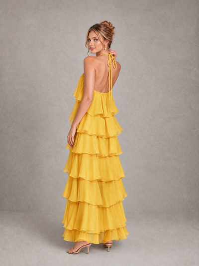 BOLODOO Mustard Yellow Halter Tiered Ruffle Maxi Bridesmaid Dress - Mustard Yellow - Mustard Yellow_2