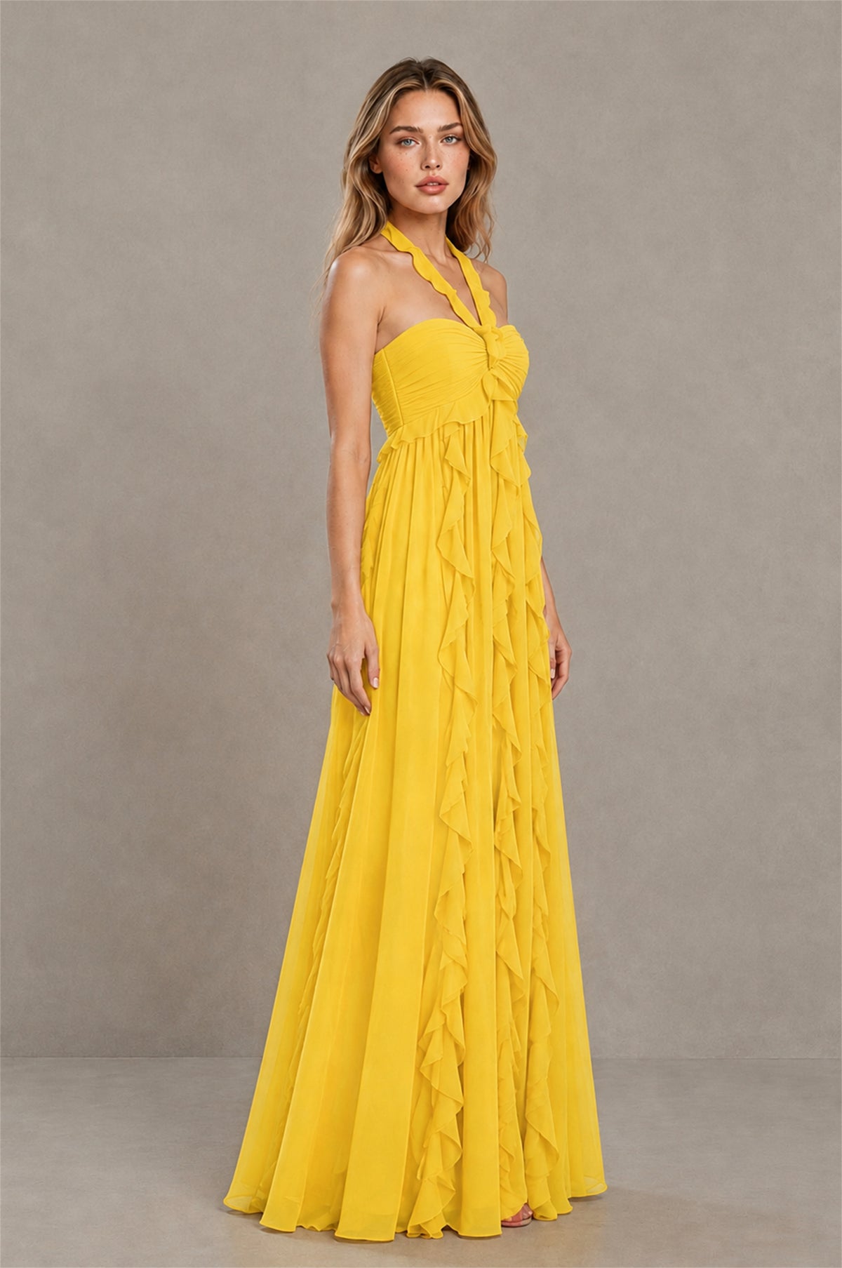 BOLODOO Mustard Yellow Halter Ruffle A-Line Floor-Length Evening Dress - Mustard Yellow - Mustard_Yellow_3