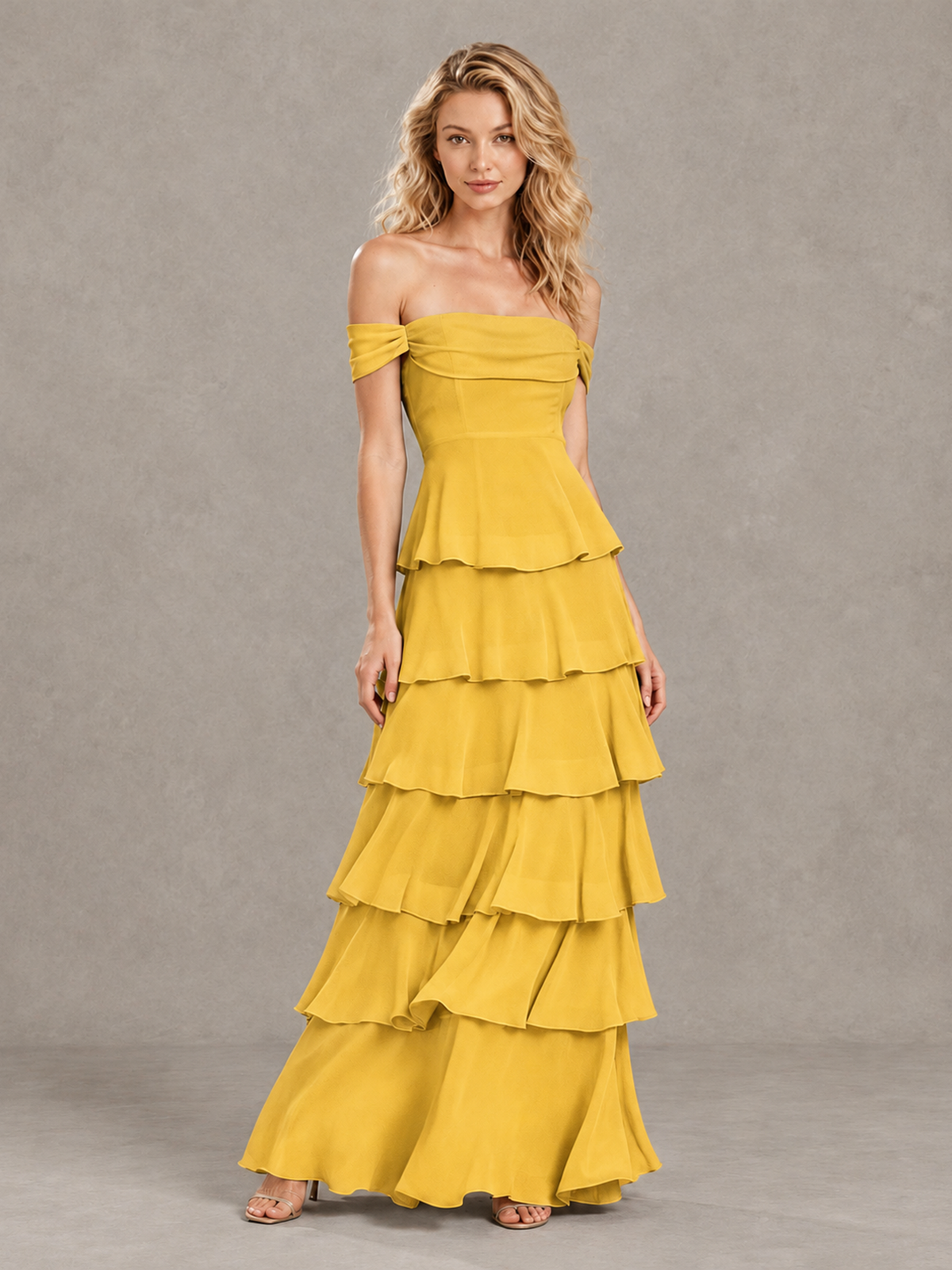 BOLODOO Mustard Yellow Off-Shoulder Tiered Ruffle Bridesmaid Dress with Lace-Up Back - Mustard Yellow - Mustard Yellow_3