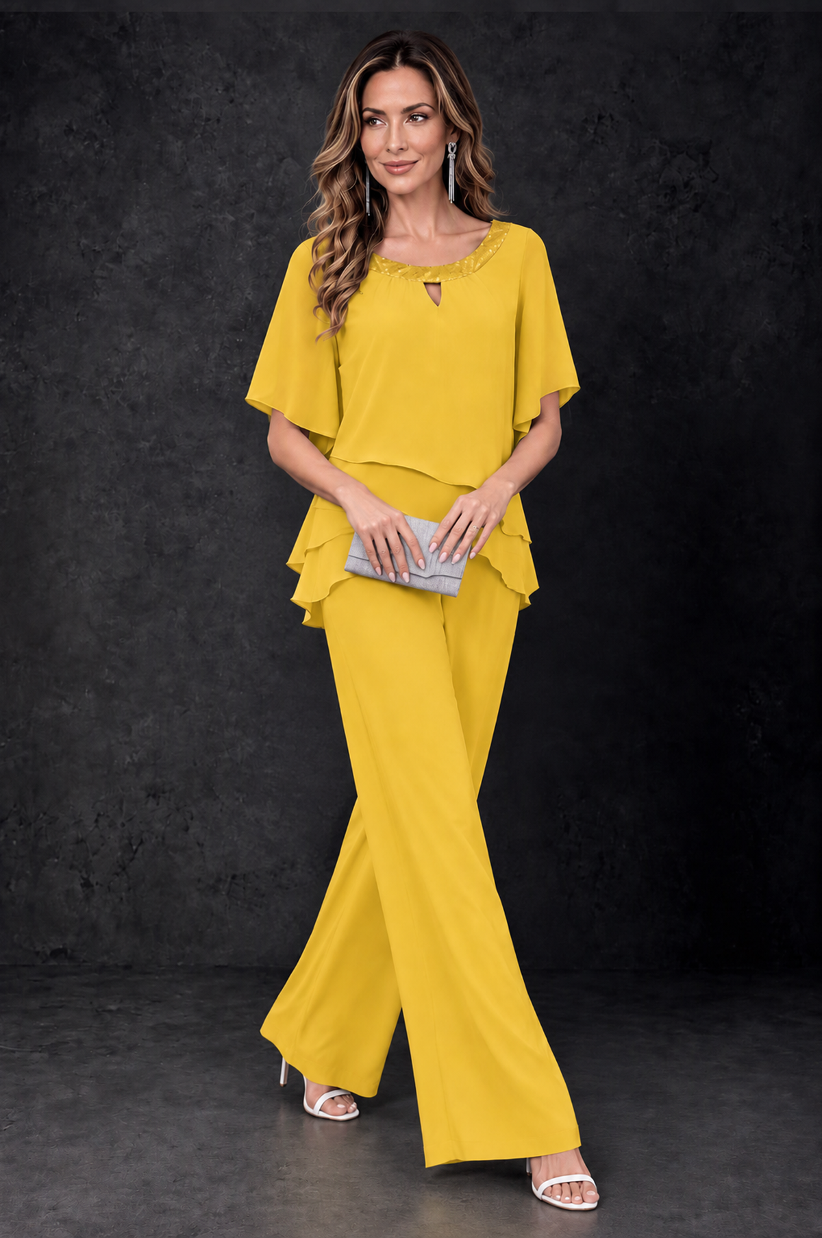 BOLODOO Mustard Yellow Layered Chiffon-Look Mother of the Bride Pantsuit - Mustard Yellow - Mustard_Yellow_3