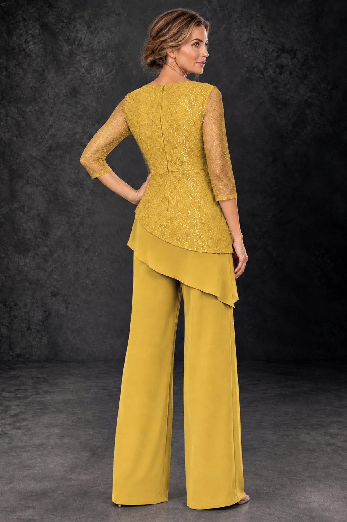 BOLODOO Mustard Yellow Sequin Lace 3/4 Sleeve Chiffon Mother of the Bride Pant Suit - Mustard Yellow - Mustard_Yellow_3