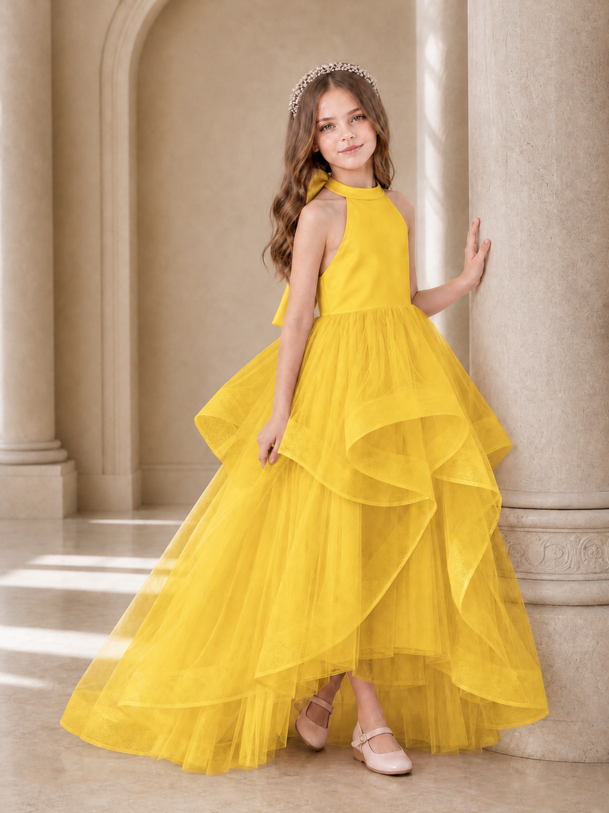 BOLODOO Mustard Yellow Halter Tiered Tulle Flower Girl Dress with Bow Back - Mustard Yellow - Mustard Yellow_3