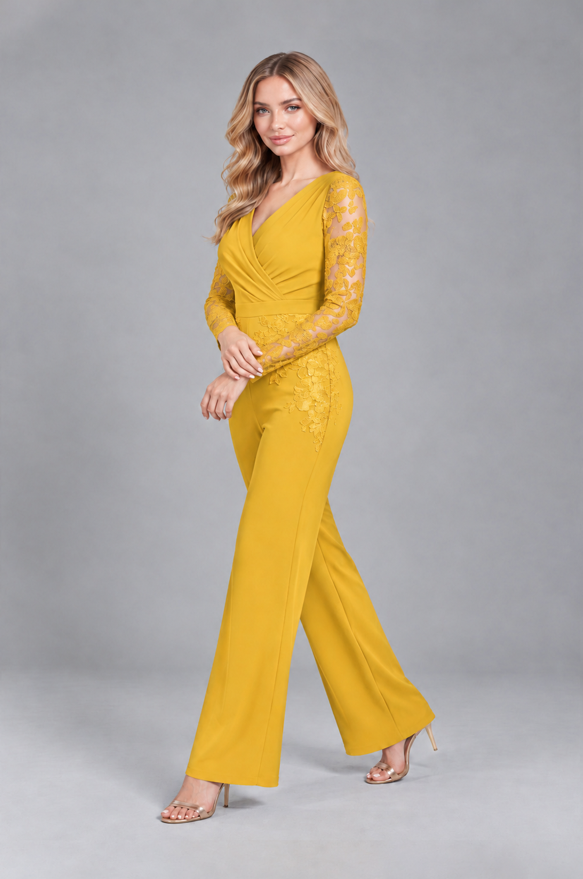 BOLODOO Mustard Yellow Lace Long-Sleeve V-Neck Mother Pant Suit - Mustard Yellow - Mustard Yellow_3