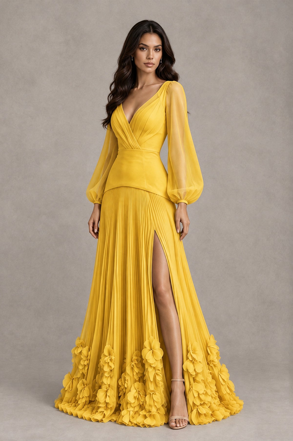 BOLODOO Mustard Yellow V-Neck Long Sleeve Pleated Floral Hem Evening Dress - Mustard Yellow - Mustard Yellow_3