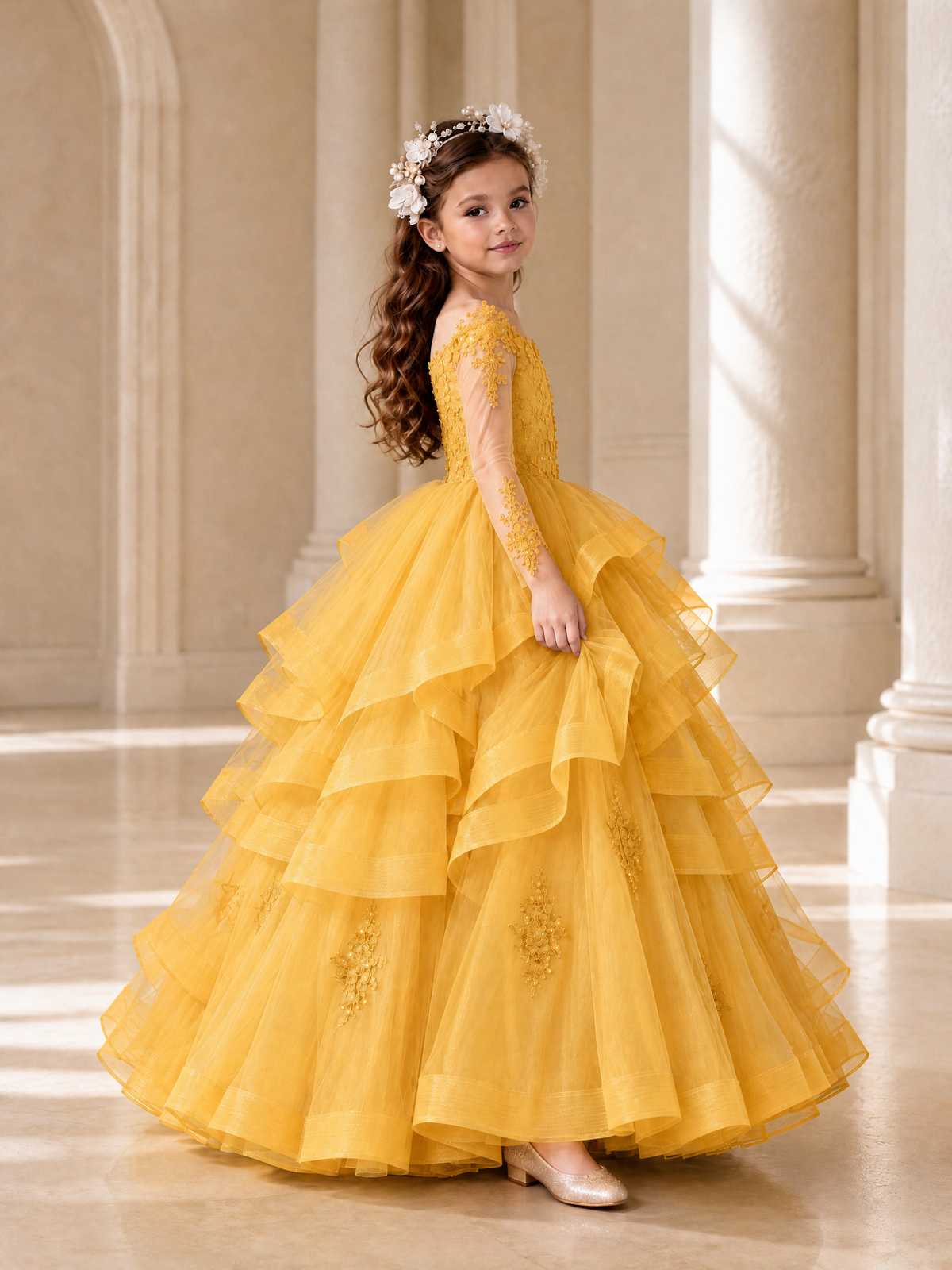 BOLODOO Mustard Yellow Lace Long Sleeve Tiered Flower Girl Dress - Mustard Yellow - Mustard_Yellow_3