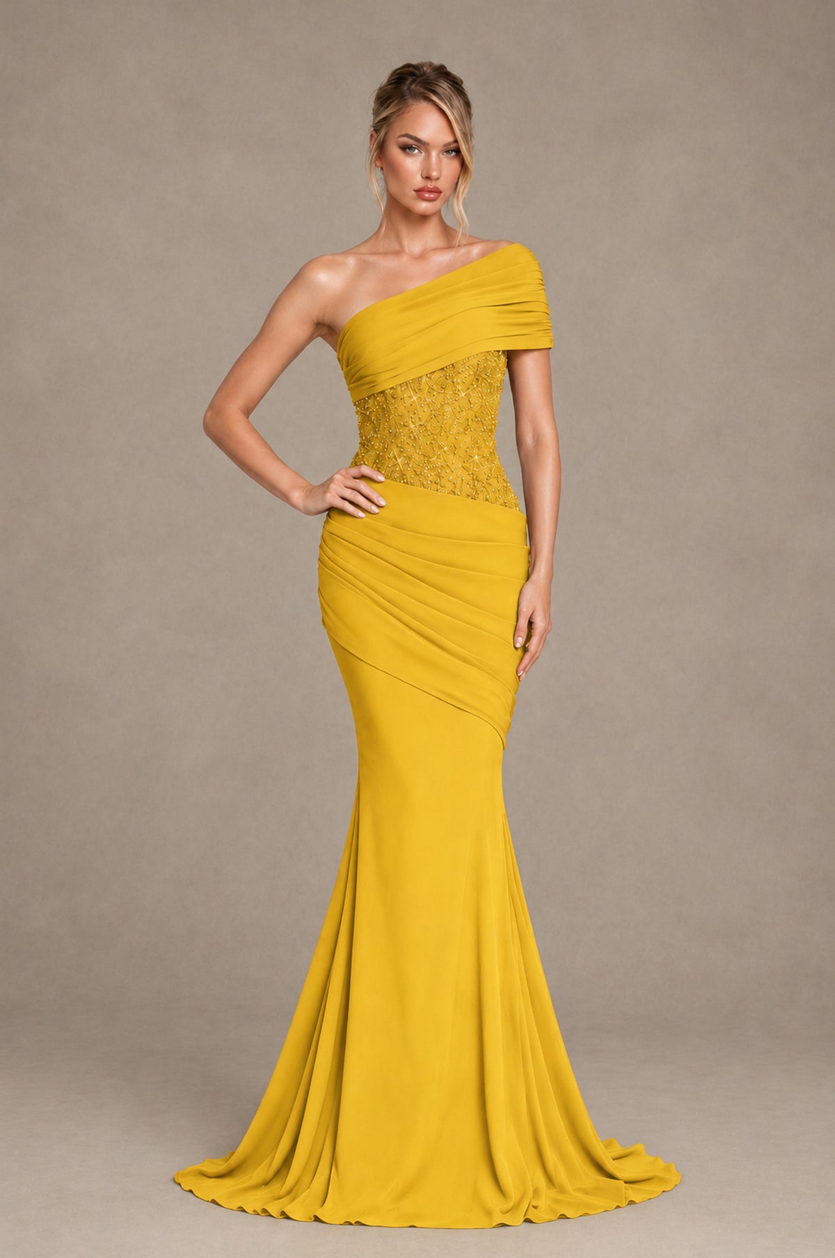 BOLODOO Mustard Yellow One-Shoulder Sequin Embroidered Ruched Mermaid Gown with Train - Mustard Yellow - Mustard Yellow_3