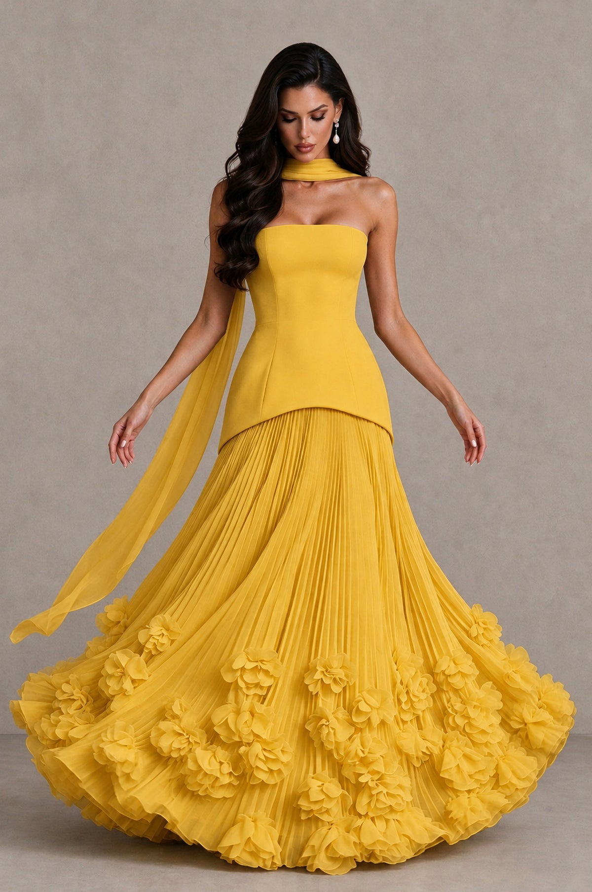 BOLODOO Mustard Yellow Strapless Pleated Floral Hem Evening Gown - Mustard Yellow - Mustard Yellow_3