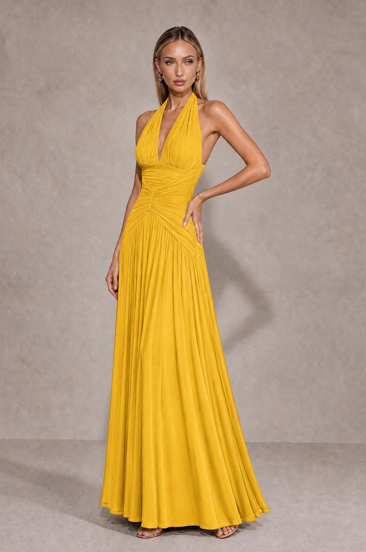 BOLODOO Mustard Yellow Chiffon Halter Deep V-Neck Ruched A-Line Backless Maxi Dress with Train-BD0167 - Mustard Yellow - Mustard Yellow_3
