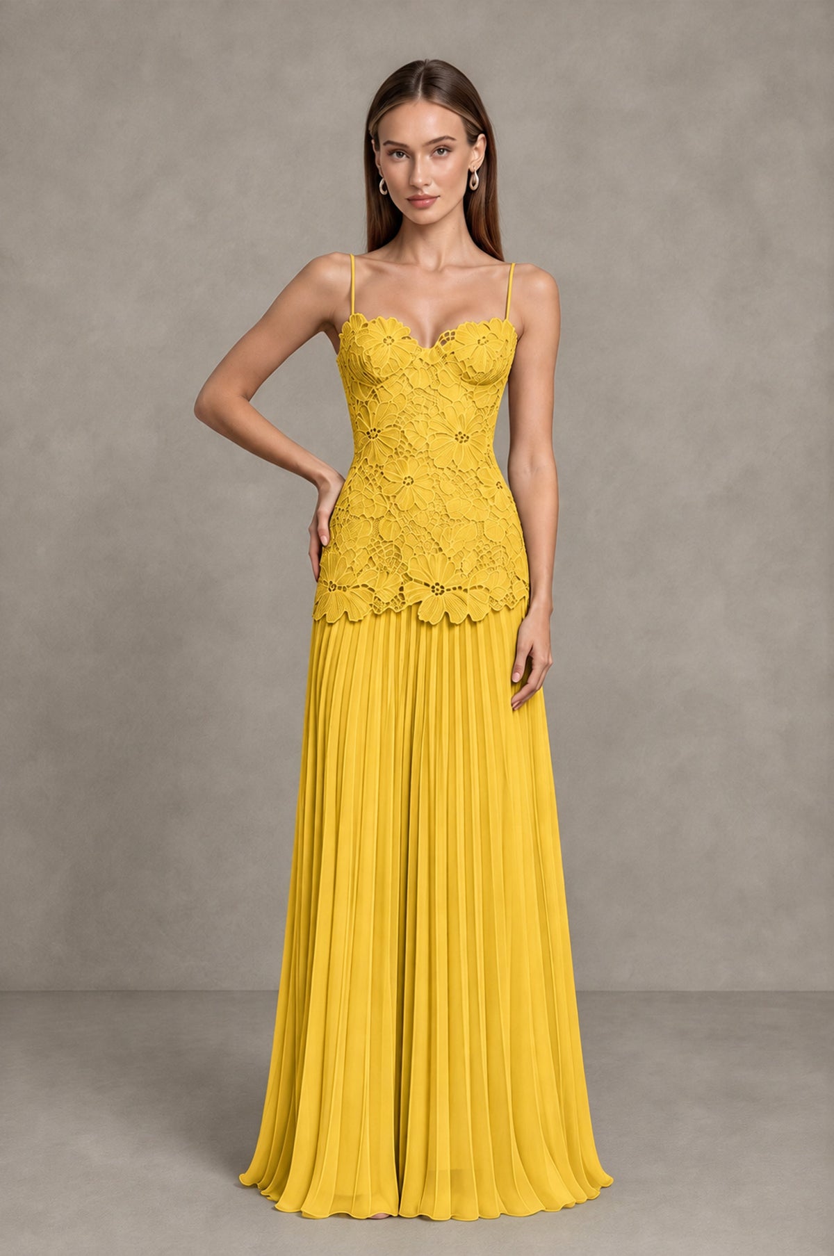 BOLODOO Mustard Yellow Lace Bodice Pleated Wedding Guest Dress - Mustard Yellow - Mustard Yellow_3