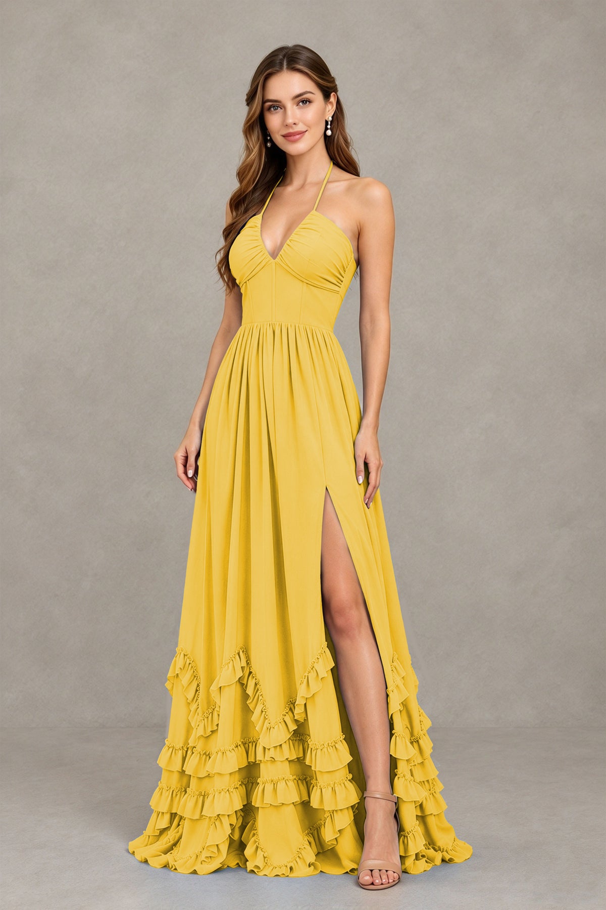 BOLODOO Mustard Yellow Halter Ruffle Hem A-Line Bridesmaid Dress with High Slit - Mustard Yellow - Mustard Yellow(3)