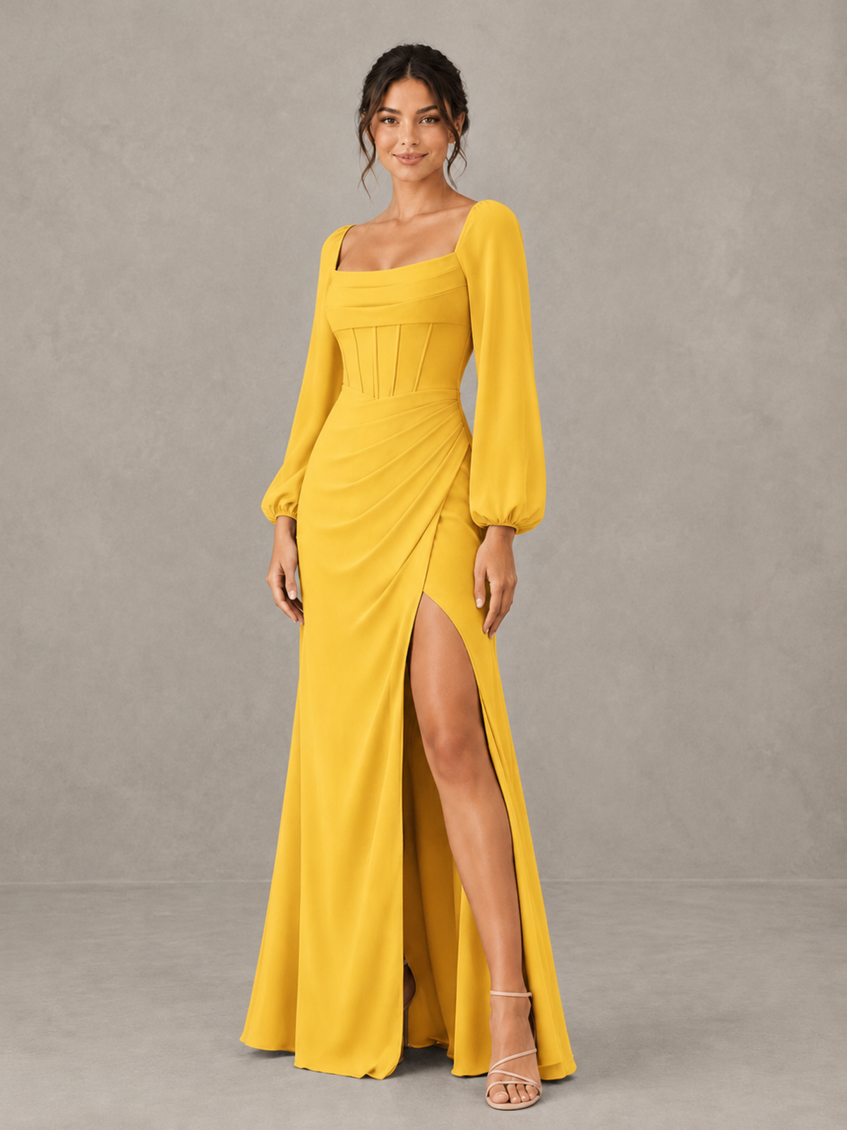 BOLODOO Mustard Yellow Square Neck Long Sleeve Bridesmaid Dress with High Slit - Mustard Yellow - Mustard Yellow_3