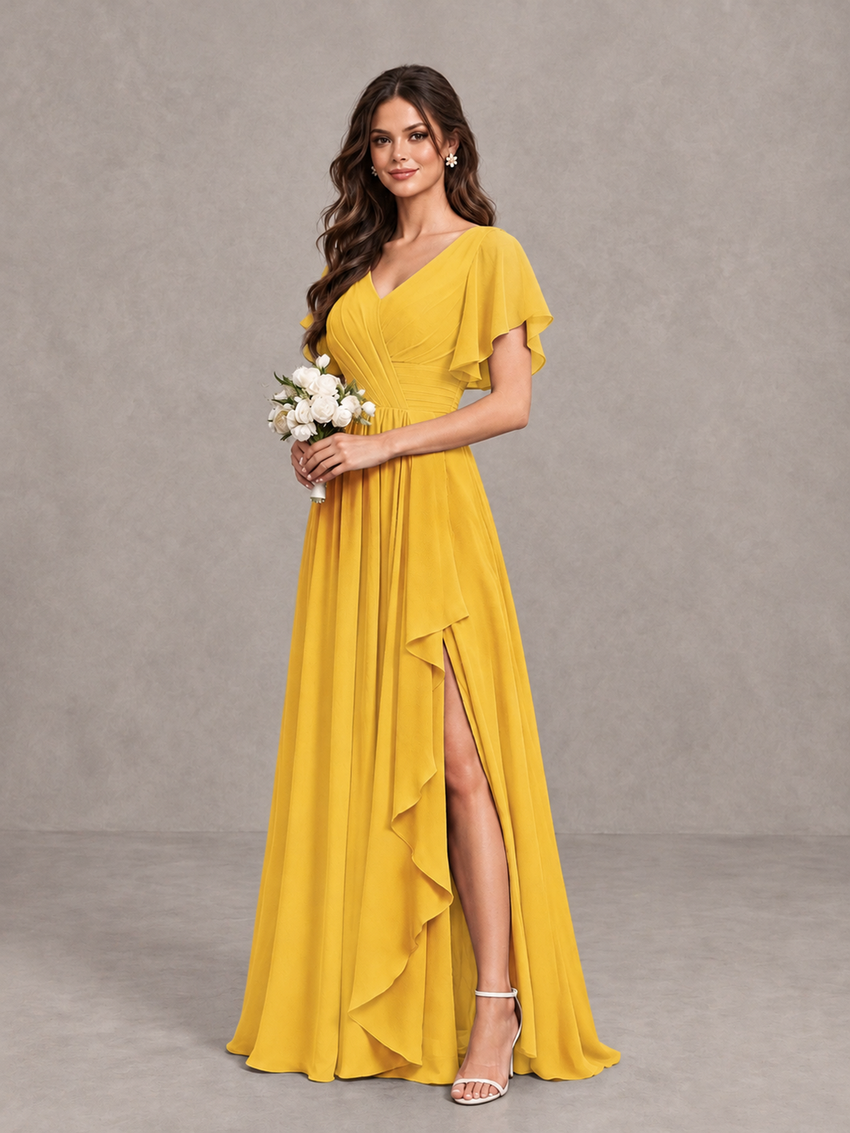 BOLODOO Mustard Yellow Flutter Sleeve V-Neck Bridesmaid Dress with Ruffle Slit - Mustard Yellow - Mustard Yellow_3