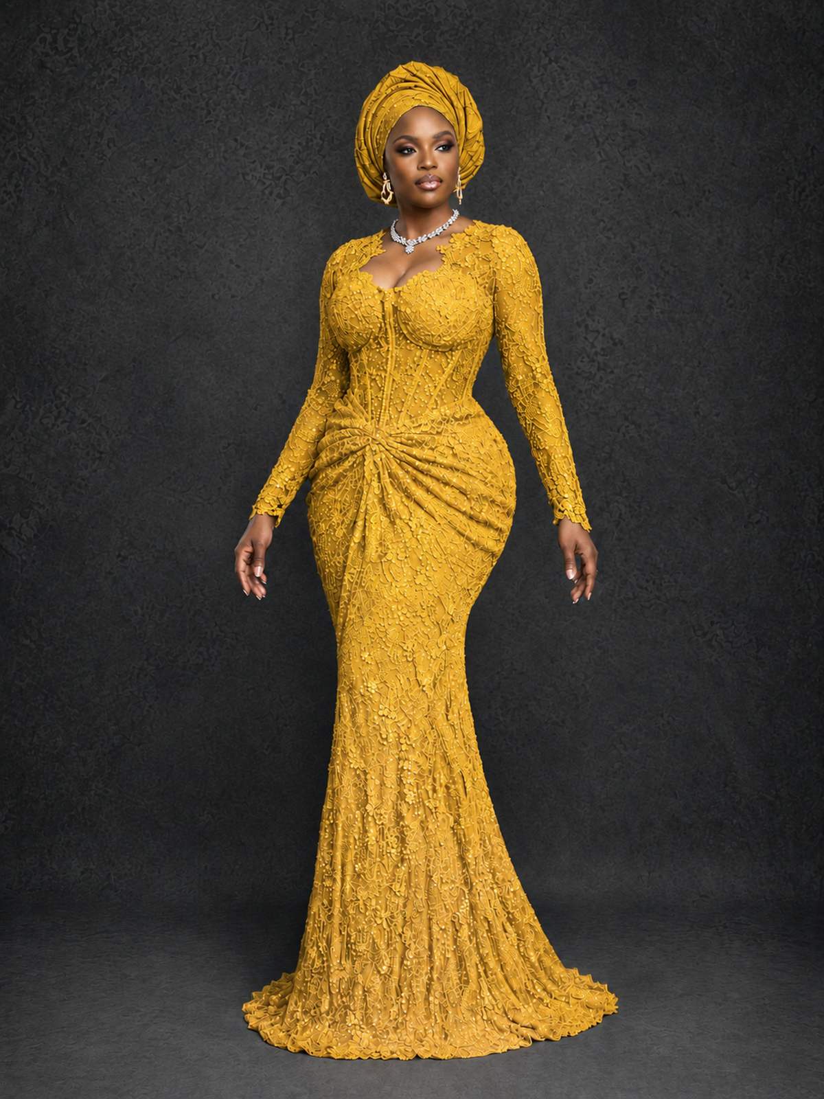 BOLODOO Mustard Yellow Beaded Lace Long Sleeve Mermaid Gown Sweetheart | Mother of the Bride - Mustard Yellow - Mustard Yellow_3