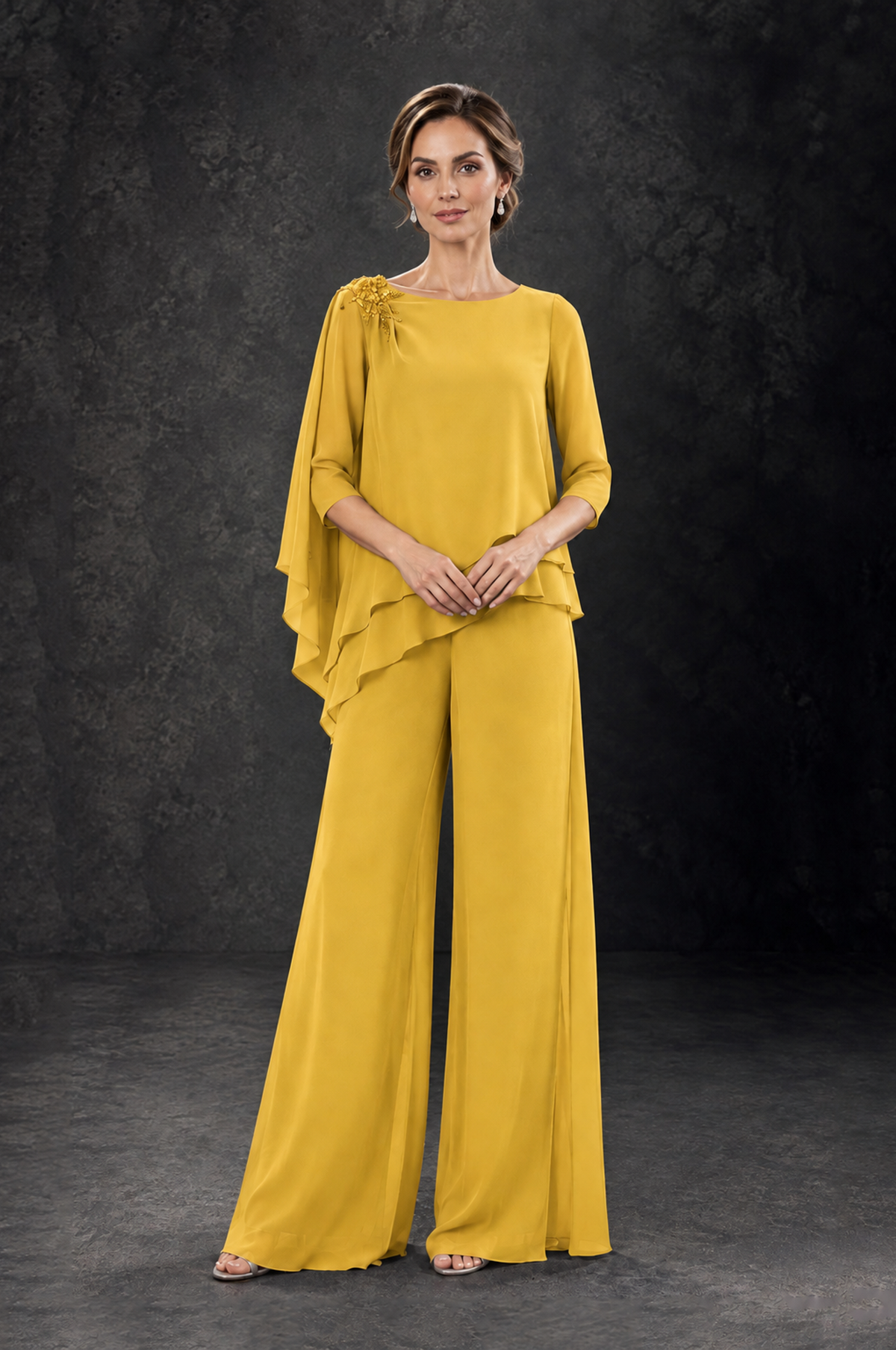 BOLODOO Mustard Yellow Layered Wide-Leg Mother of the Bride Pant Suit - Mustard Yellow - Mustard Yellow_3