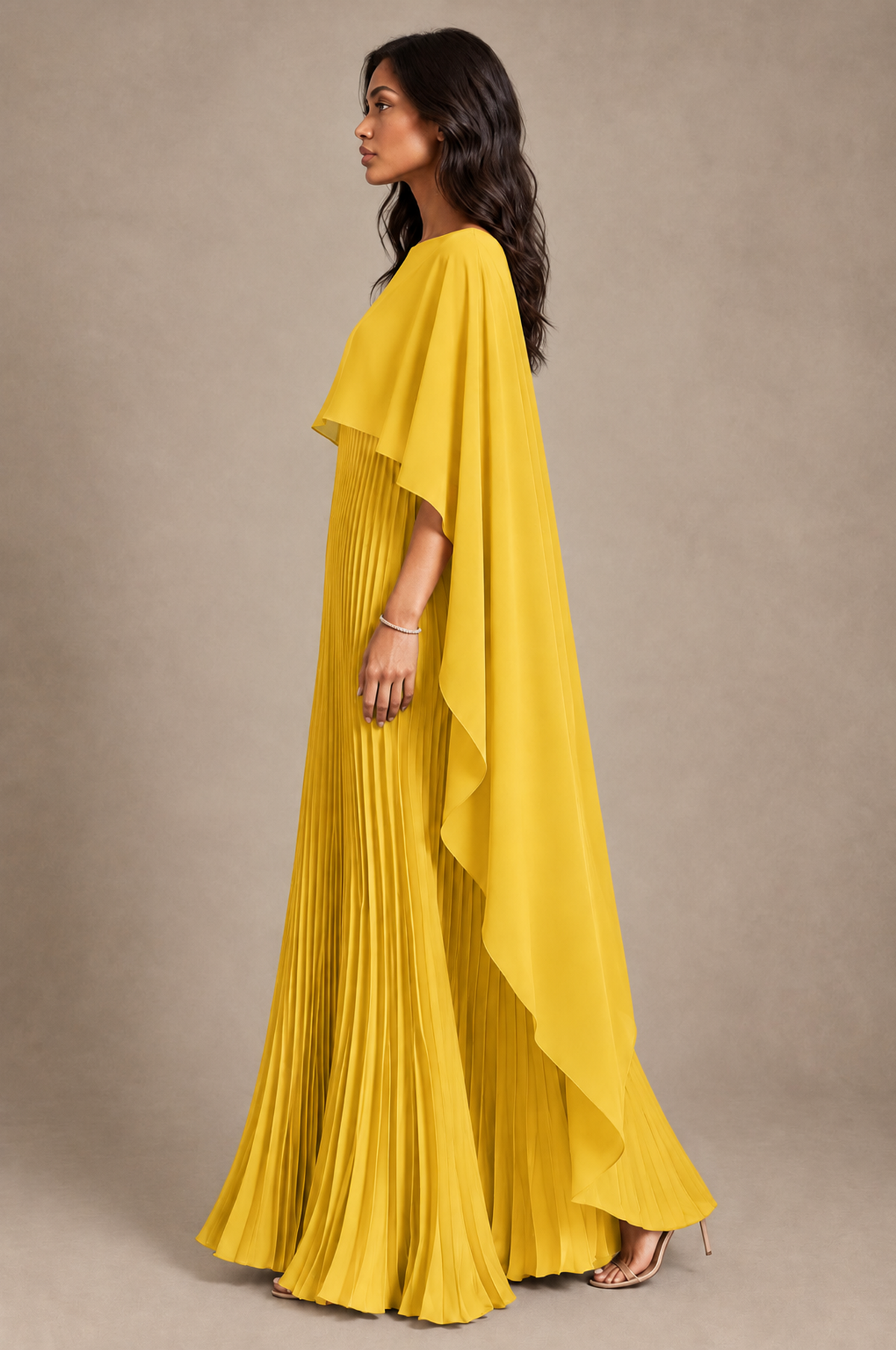 BOLODOO Mustard Yellow Pleated Cape A-Line Evening Dress - Mustard Yellow - Mustard_Yellow_3