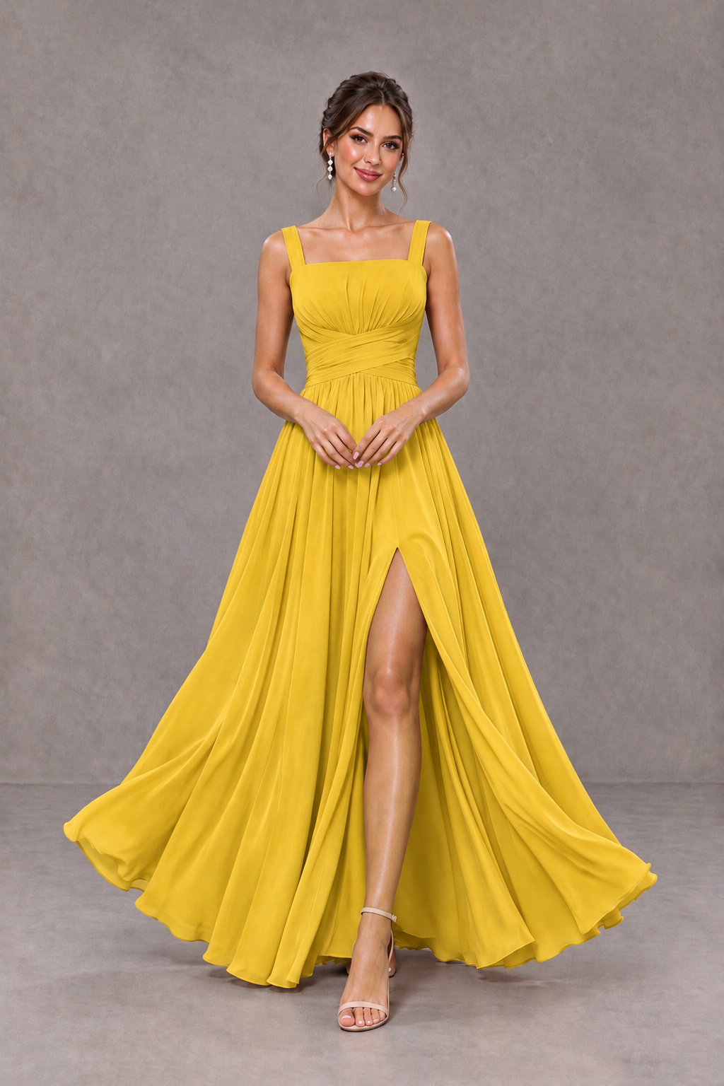 BOLODOO Mustard Yellow Square Neck A-Line Bridesmaid Dress with Slit - Mustard Yellow - Mustard Yellow_3