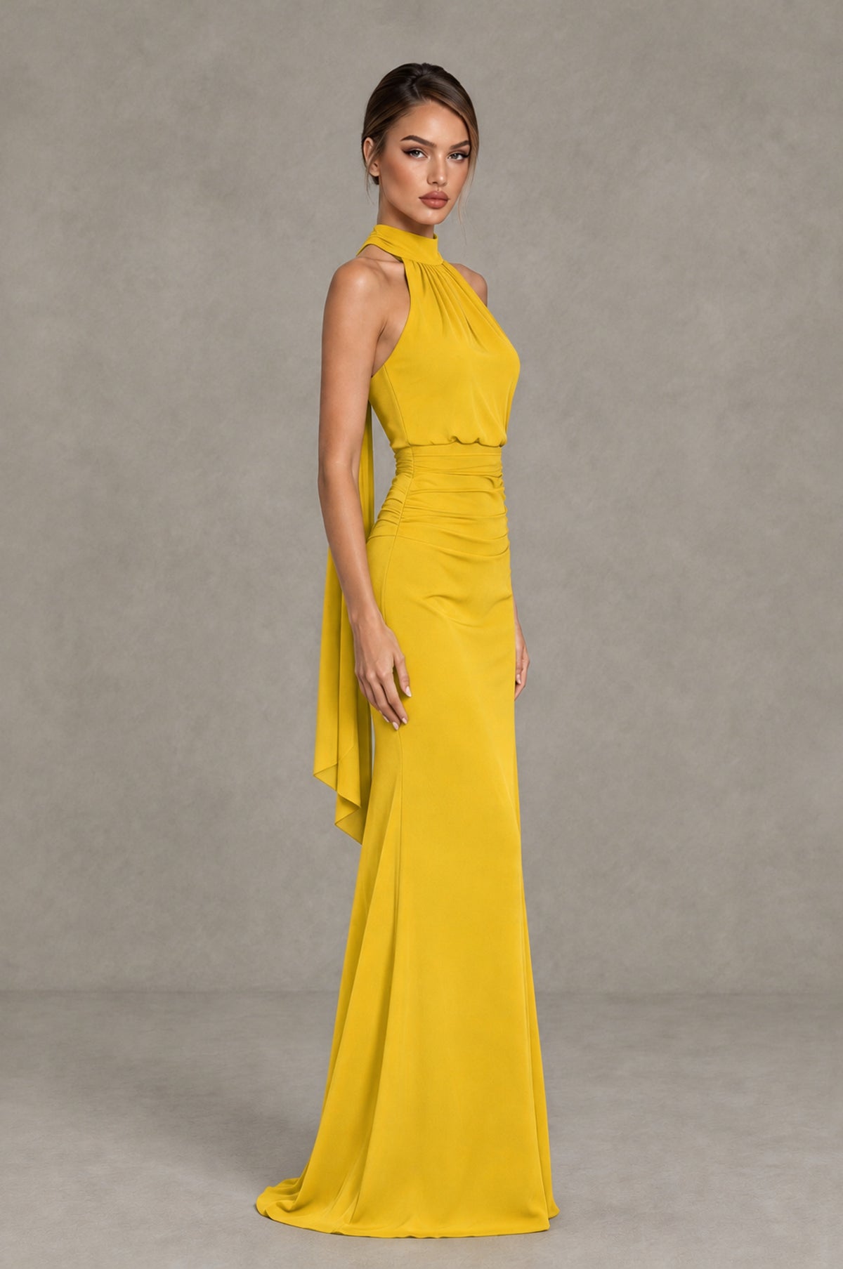 BOLODOO Mustard Yellow Chiffon Halter Maxi Formal Wedding Guest Dress - Mustard Yellow - Mustard Yellow_3
