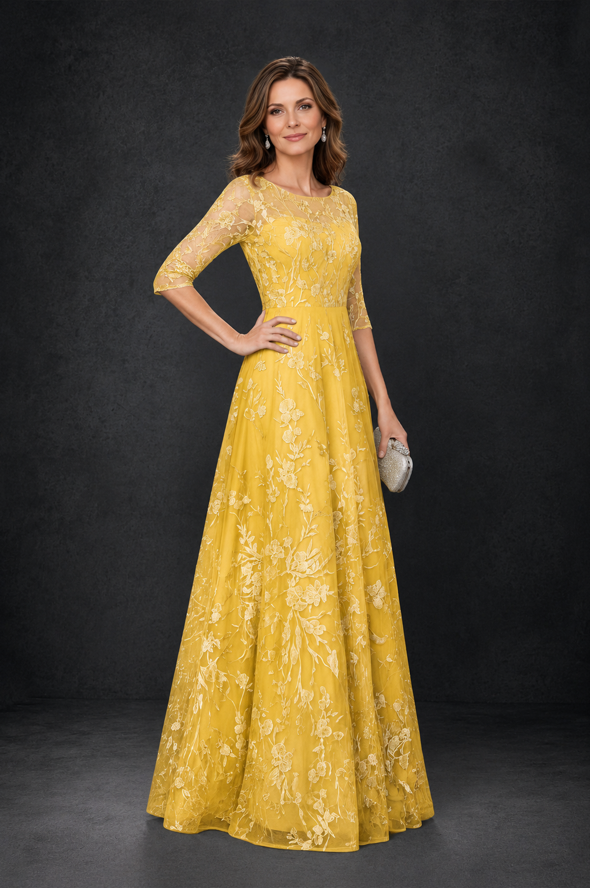 BOLODOO Mustard Yellow Illusion Bateau Neck 3/4 Sleeve Floral Lace A-Line Mother of the Bride Dress MX007 - Mustard Yellow - Mustard_Yellow_3