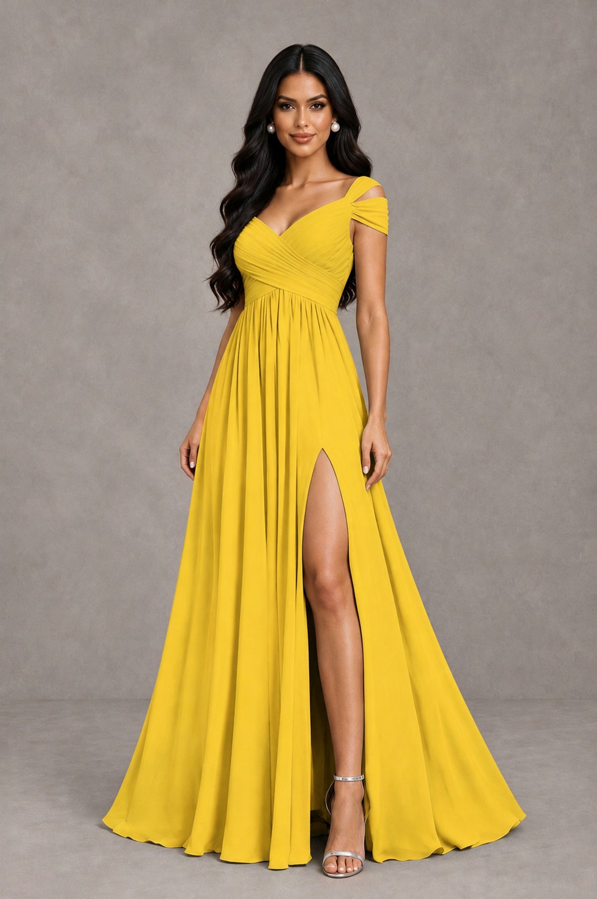 BOLODOO Mustard Yellow Cold Shoulder Chiffon Evening Dress with V Neck and High Slit - Mustard Yellow - Mustard Yellow_3