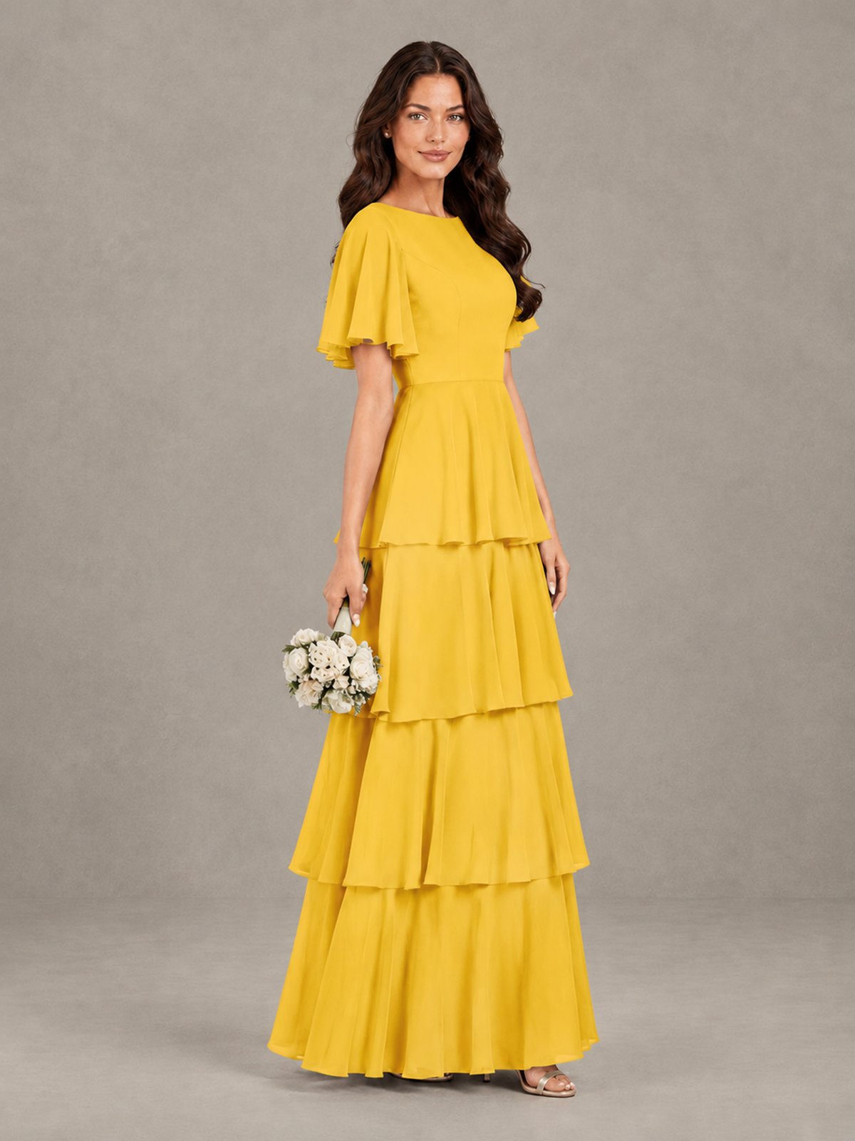 BOLODOO Mustard Yellow Tiered Flutter Sleeve Bridesmaid Dress - Mustard Yellow - Mustard Yellow_3