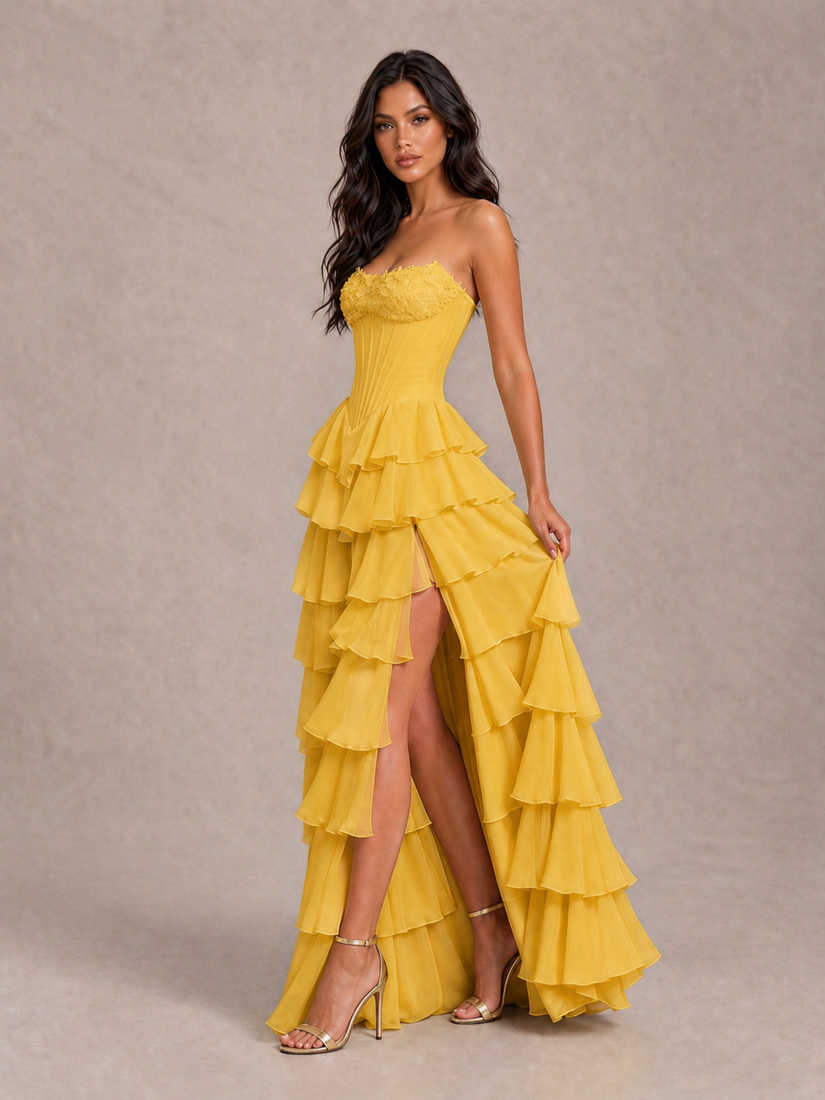 BOLODOO Mustard Yellow Strapless Corset Tiered Ruffle Prom Dress with High Slit - Mustard Yellow - Mustard Yellow_3