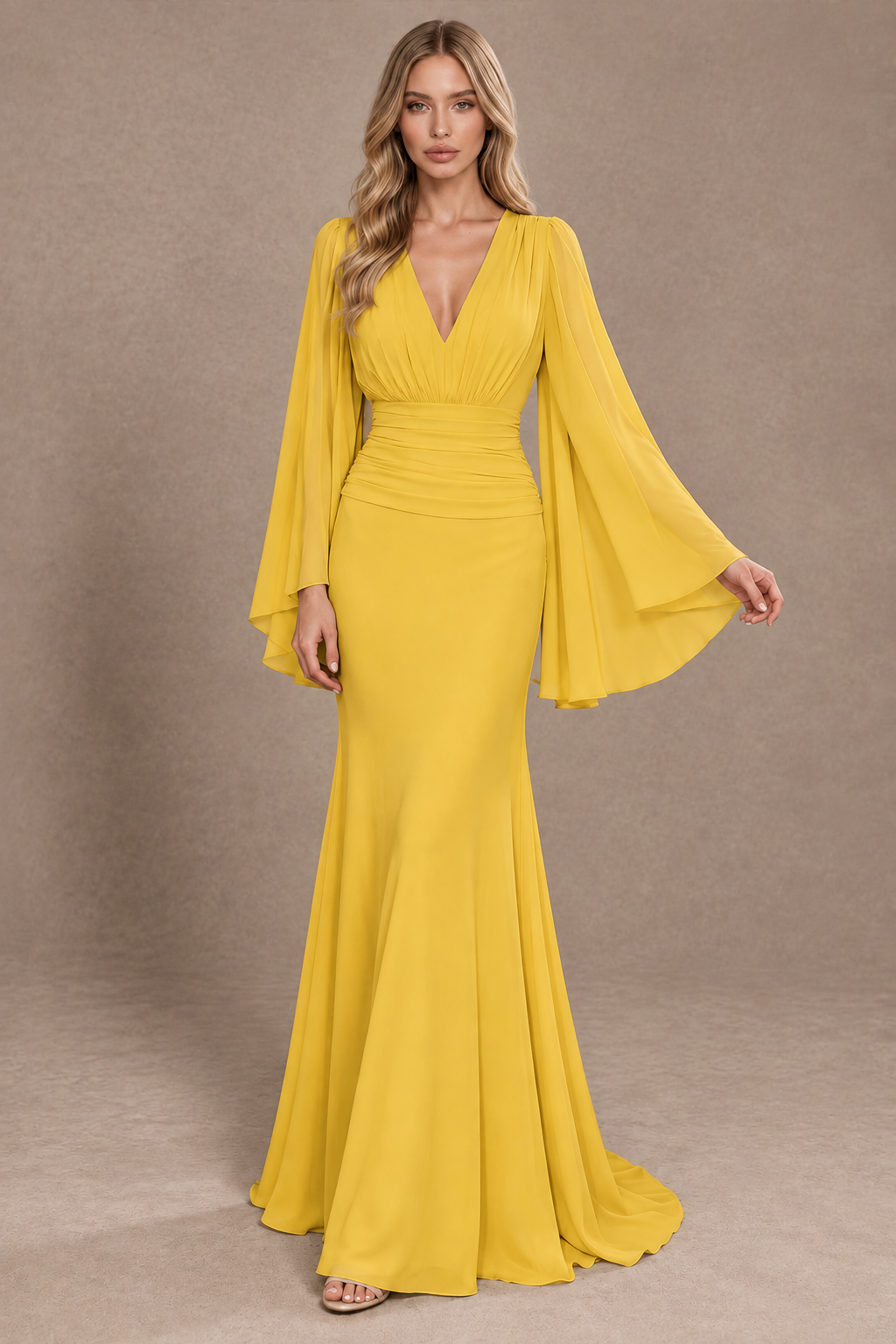 BOLODOO Mustard Yellow Cape Sleeve V-Neck Ruched Chiffon Evening Dress - Mustard Yellow - Mustard_Yellow_3