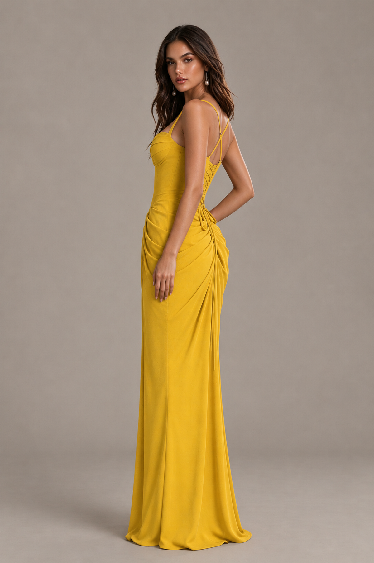 BOLODOO Mustard Yellow Sweetheart Ruched Lace-Up Back Evening Gown - Mustard Yellow - Mustard_Yellow_3