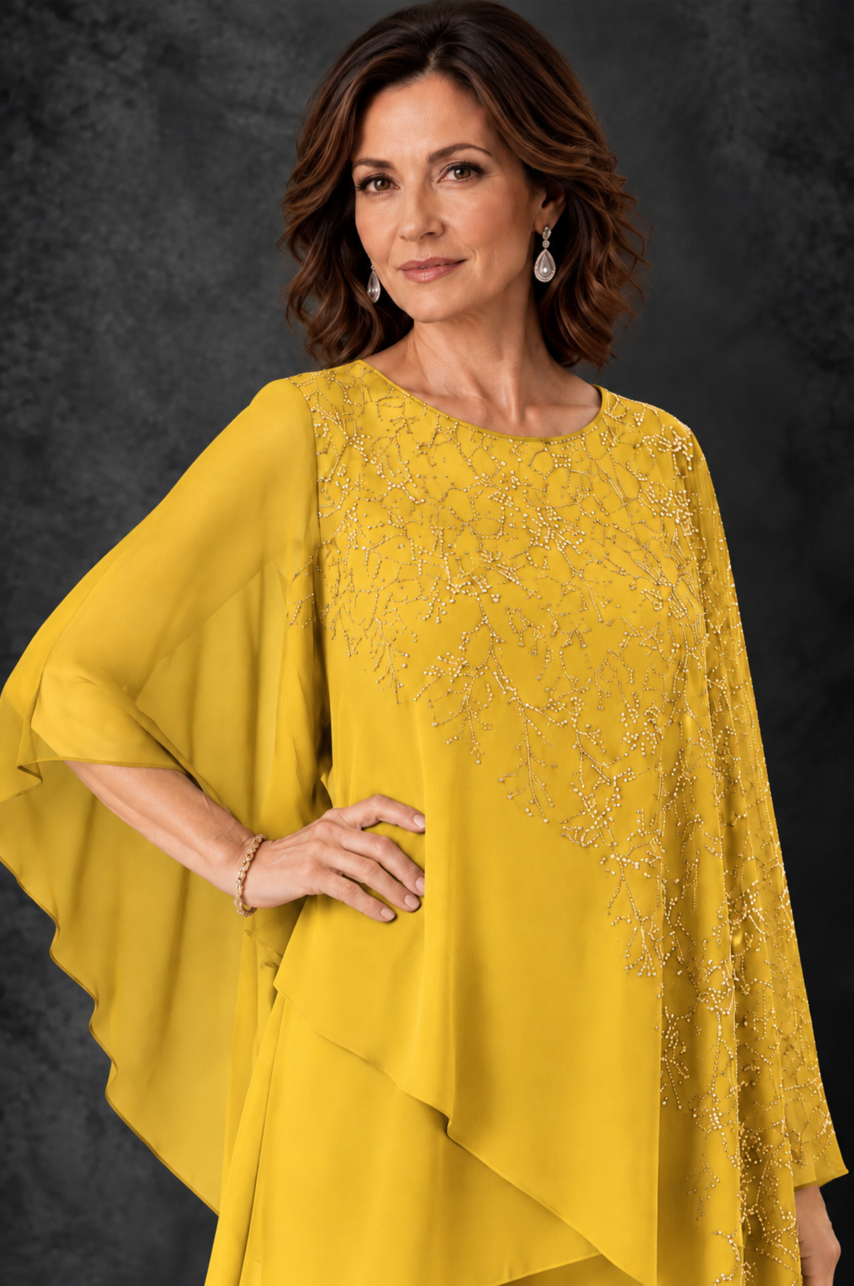 BOLODOO Mustard Yellow Embellished Cape Pant Suit for Mother of the Bride - Mustard Yellow - Mustard_Yellow_3