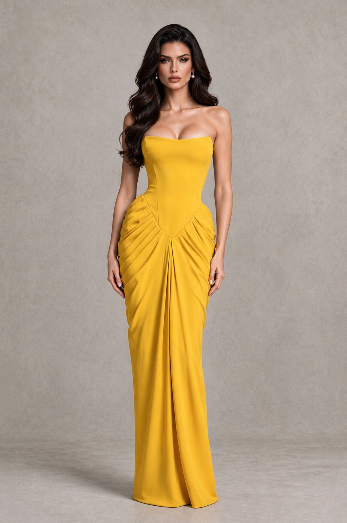 BOLODOO Mustard Yellow Strapless Ruched Corset Evening Gown - Mustard Yellow - Mustard Yellow_3