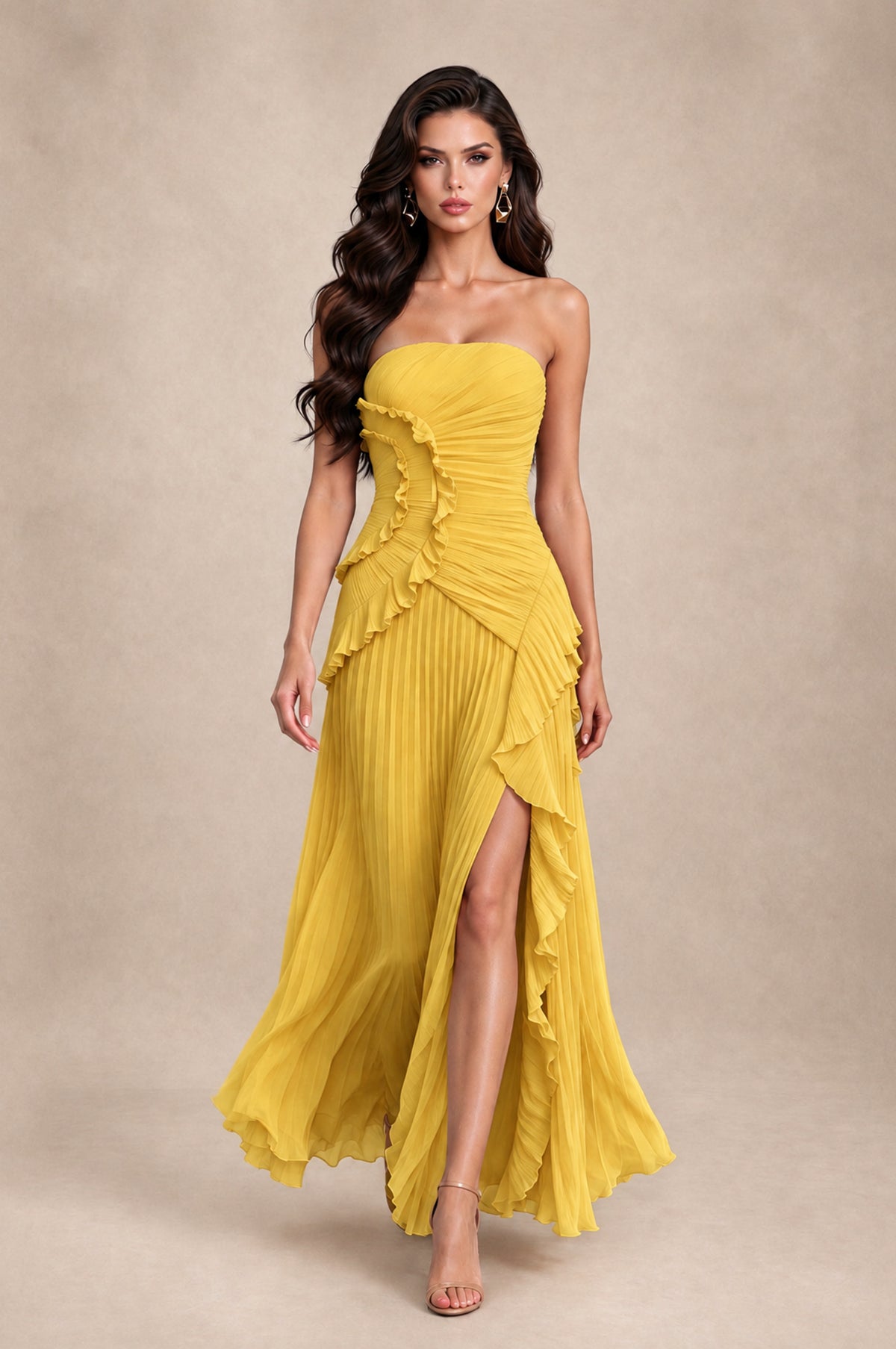 BOLODOO Mustard Yellow Strapless Ruffle Pleated Slit Evening Gown - Mustard Yellow - Mustard Yellow_3